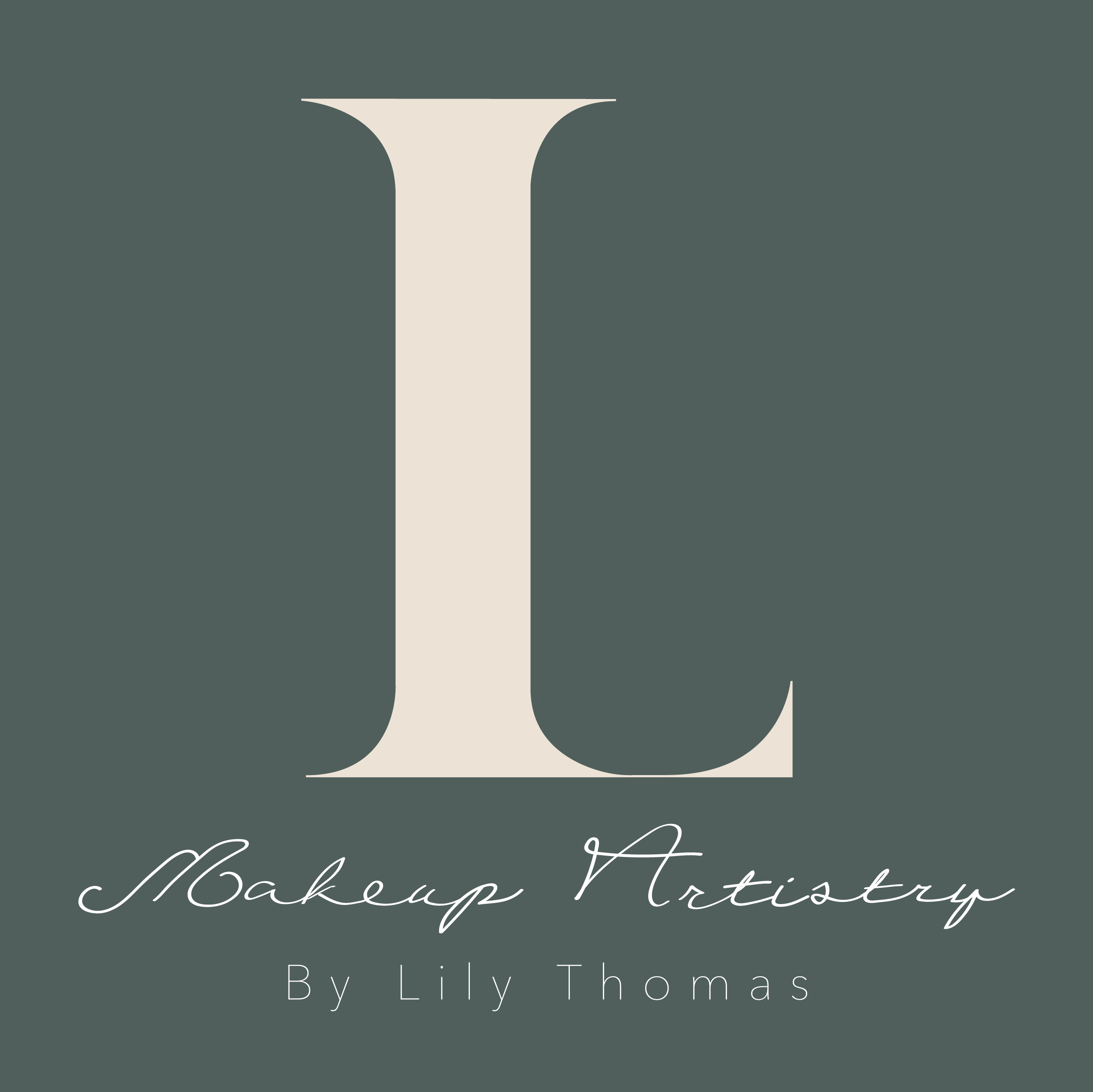 Cover image for makeup artistry by Lily Thomas, featuring a large stylized letter 'L' on a dark muted background.