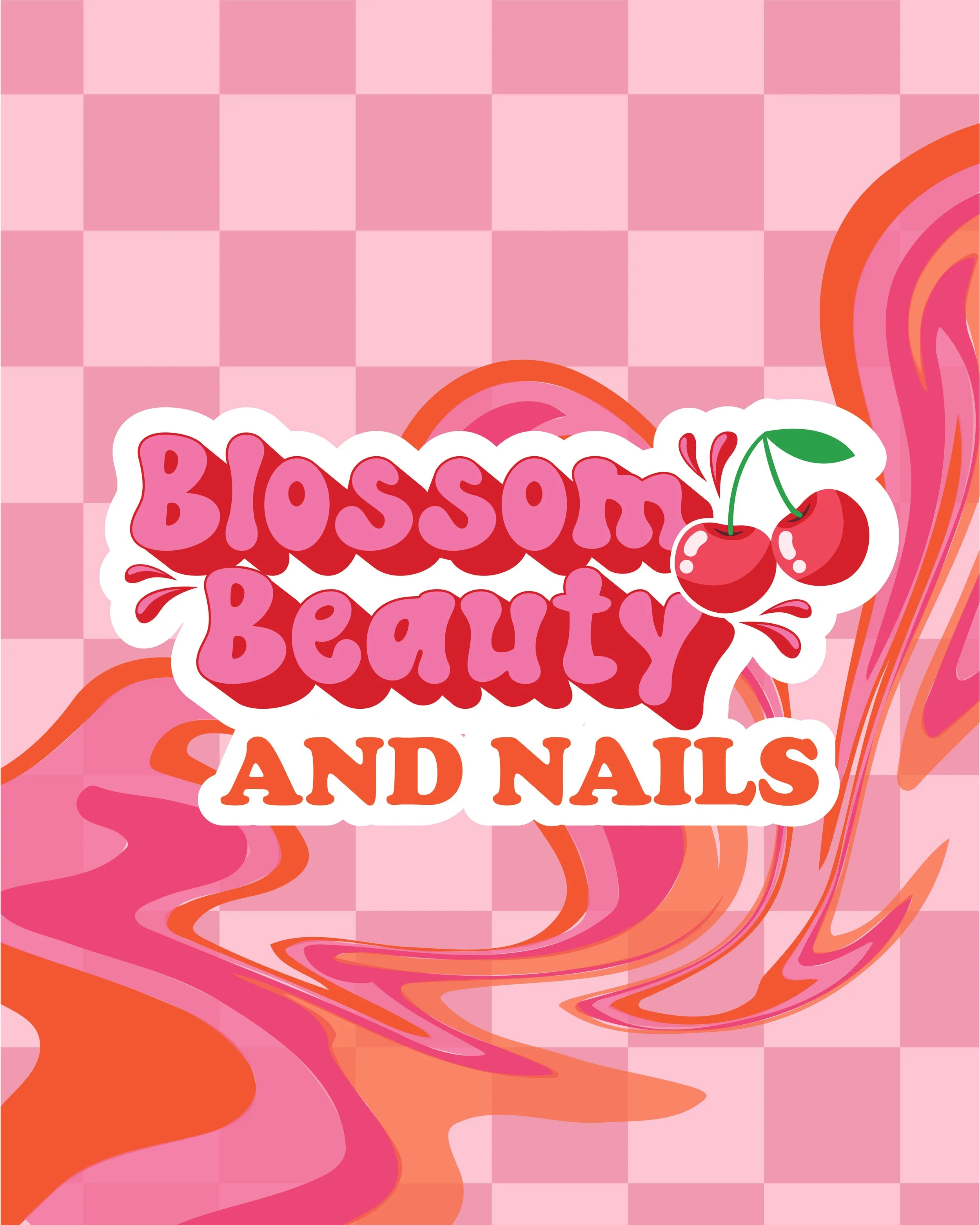 Colorful logo with the text 'BLOSSOM BEAUTY AND NAILS' featuring cherries on a pink and orange swirled background.