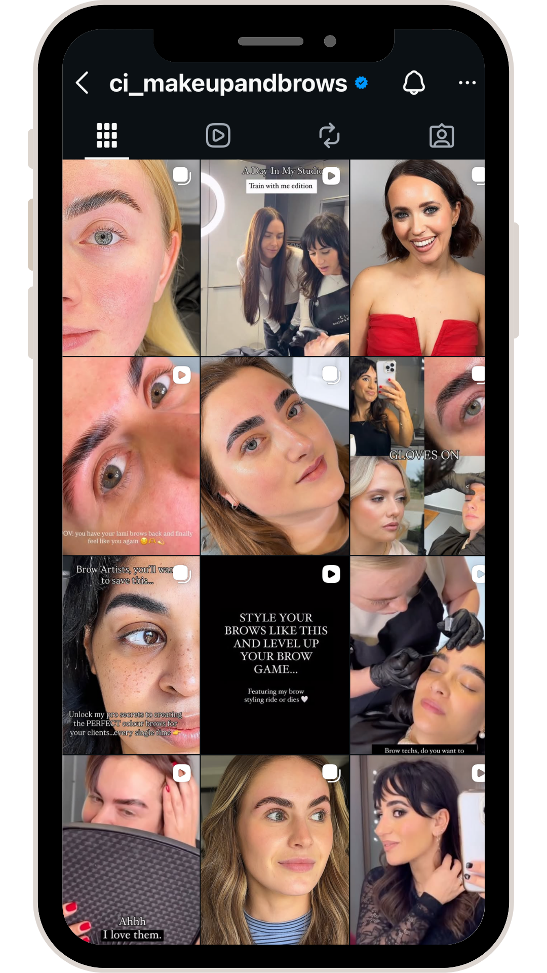 Screenshot of an Instagram profile page for 'ci_makeupandbrows', showing various images and videos related to eyebrow and makeup styling, including close-ups, tutorials, and transformations.