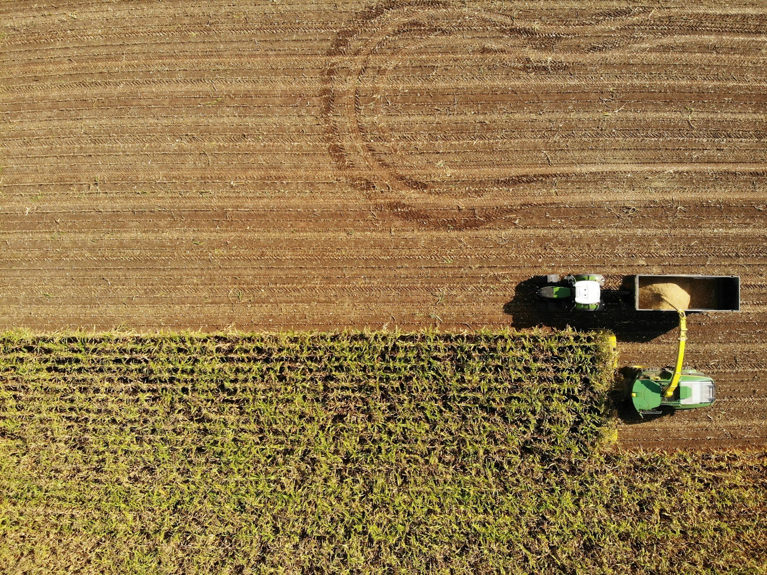 Luftaufnahme eines Traktors beim Ernten eines Feldes, der mit einem Anhänger verbunden ist, in einem landwirtschaftlichen Gebiet.