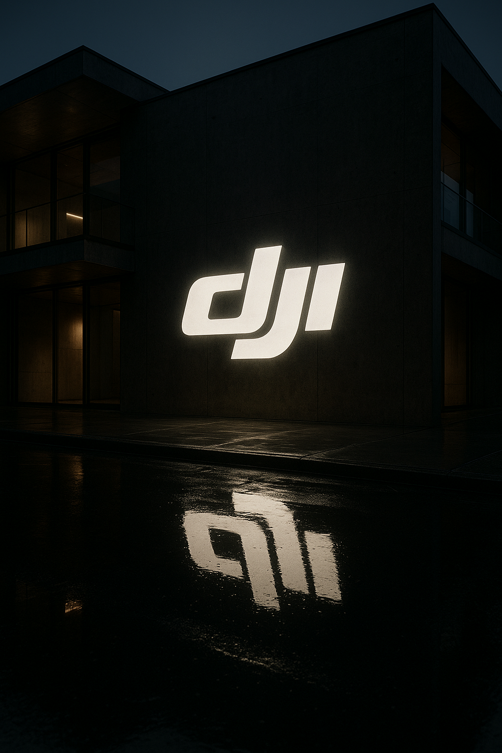 Nachtaufnahme eines modernen Gebäudes mit beleuchtetem DJI-Logo an der Außenwand, das Licht spiegelt sich auf dem nassen Boden.