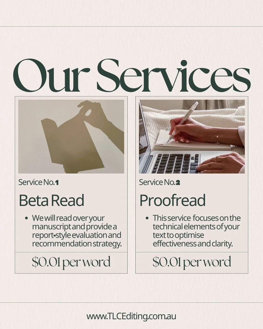 TLC Editing offers a range of services to ensure that your needs are completely taken care of. 📚

Whether you&rsquo;re a professional trying to piece together a manual or a new author trying to find your way - shoot us a message and let&rsquo;s take