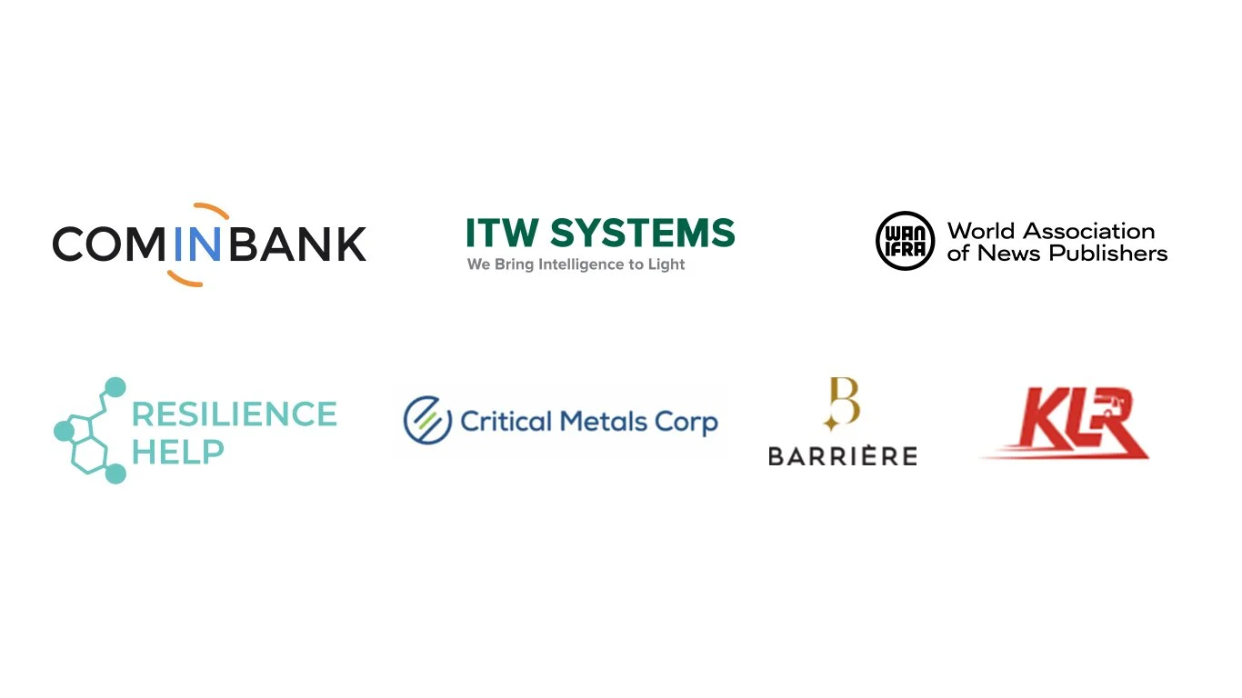 Collection of logos from various organizations including COMINBANK, ITW SYSTEMS, World Association of News Publishers, RESILIENCE HELP, Critical Metals Corp, BARRIÈRE, and KLR.
