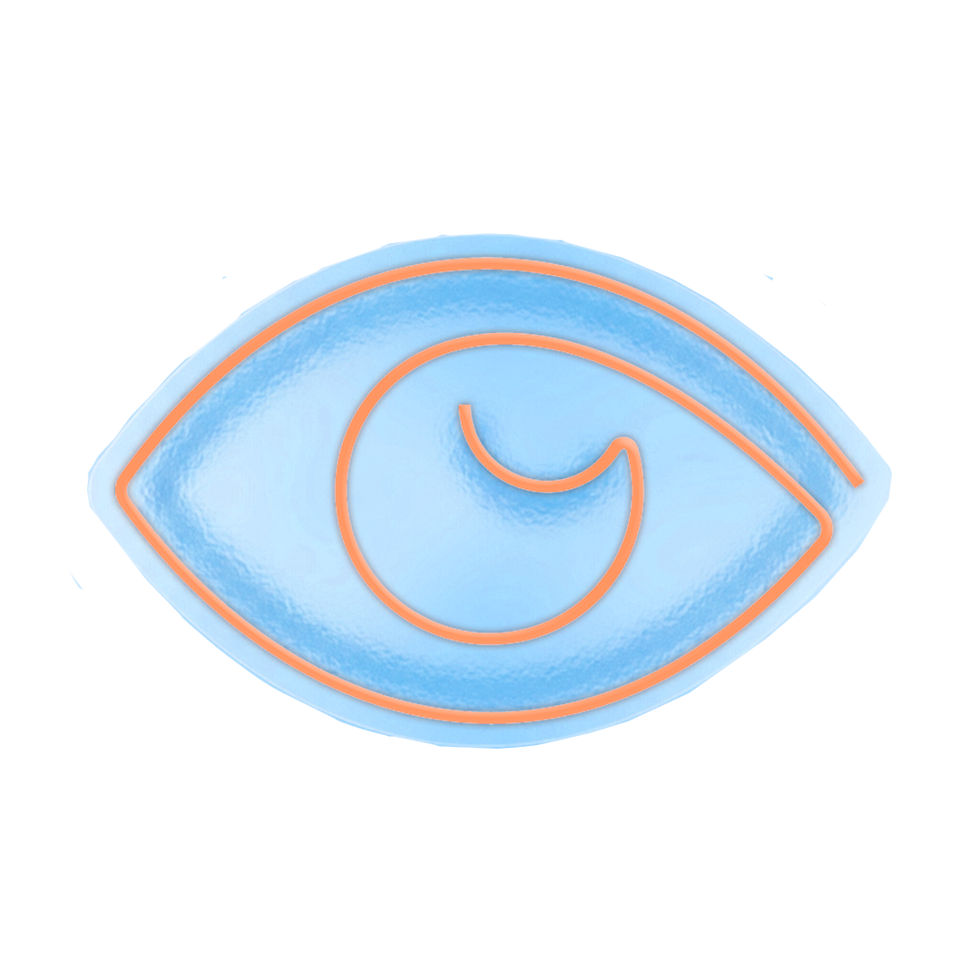 Neon sign of an eye with the outline and iris in orange on a blue background.