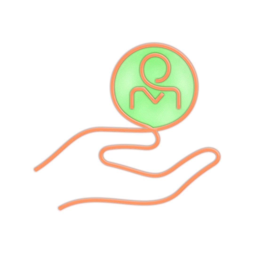 Neon illustration of a hand holding a circular icon with a person figure in the center.