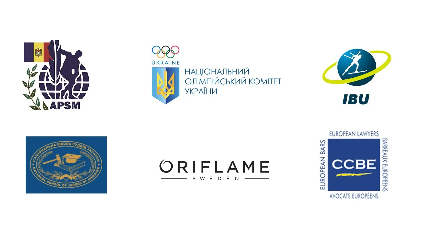 Logos of various Ukrainian organizations and companies, including APSM, Ukraine Olympic Committee, IBU, National School of Judges of Ukraine, Oriflame Sweden, and European Lawyers.