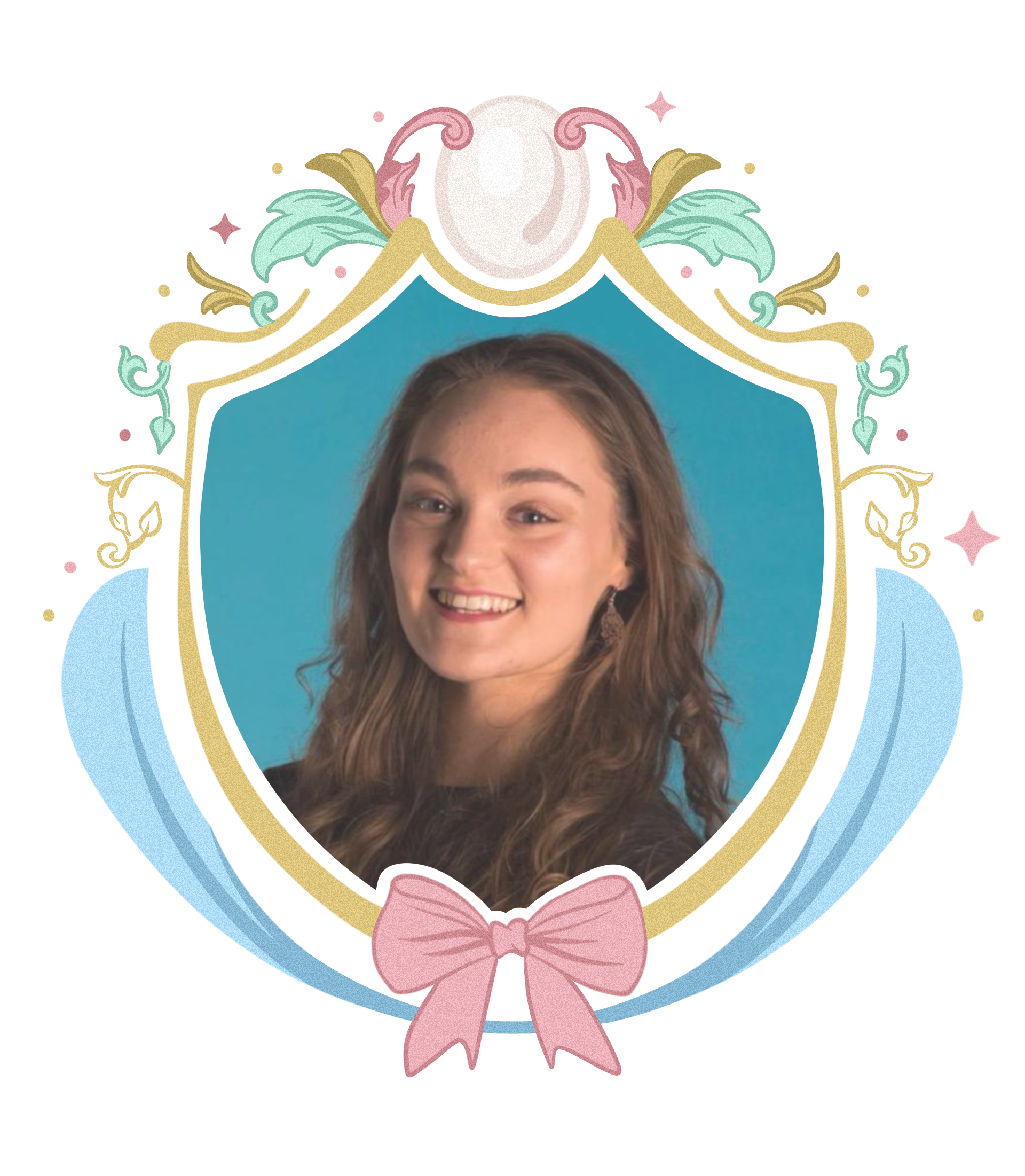 A young woman with long wavy hair smiling, positioned inside a decorative frame with pastel colors, a pink bow at the bottom, and ornate embellishments at the top.