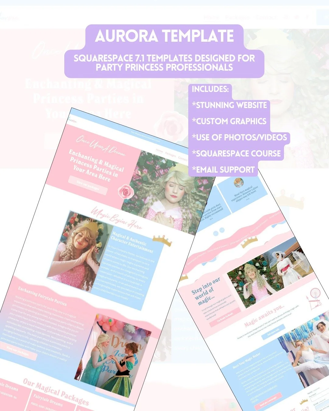 Just started your princess party business? 

This 1-page template gives you everything you need to finally launch those magical new dreams you have. Whether you want it Pink or Blue, Aurora is for you.

A professional dream website is possible for a 