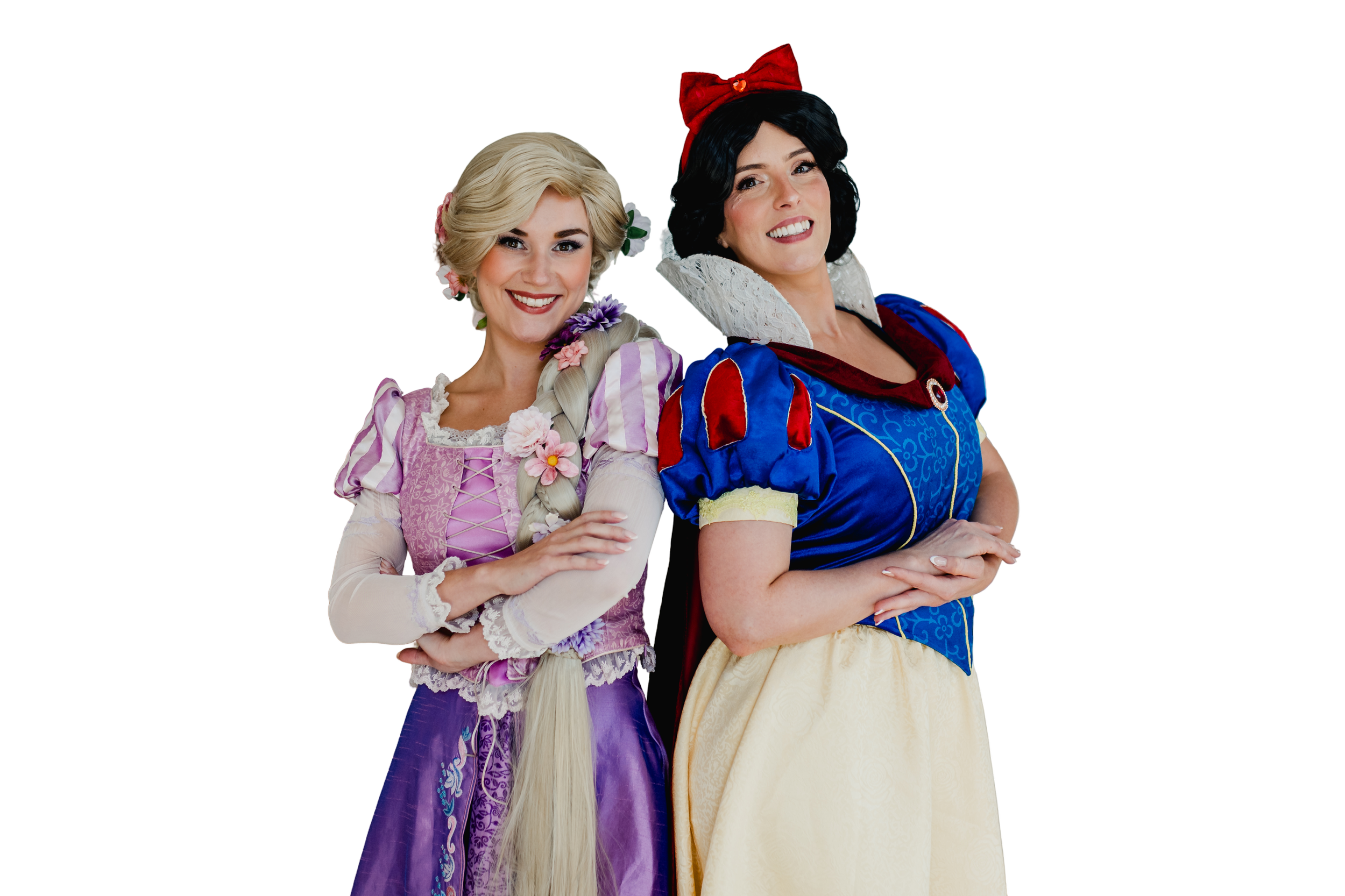 Two women dressed as Disney princesses, Rapunzel and Snow White, smiling with their arms crossed.