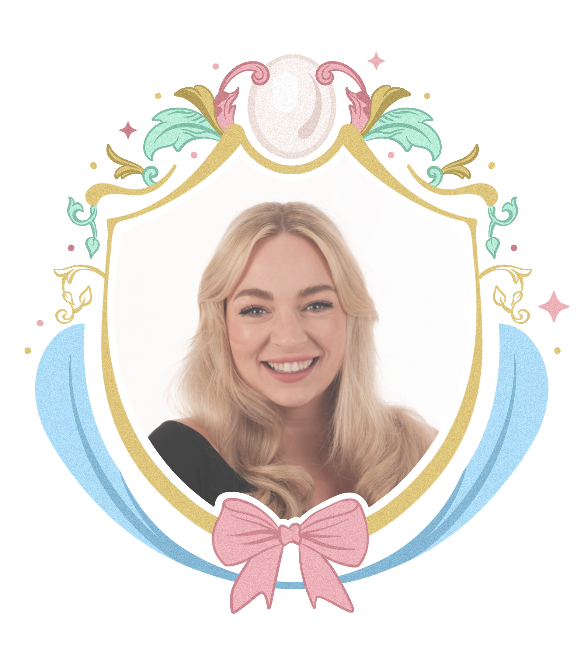 A woman's portrait framed with a decorative, colorful border resembling a shield, featuring pink, blue, green, and gold elements, with a pink bow at the bottom of the frame.