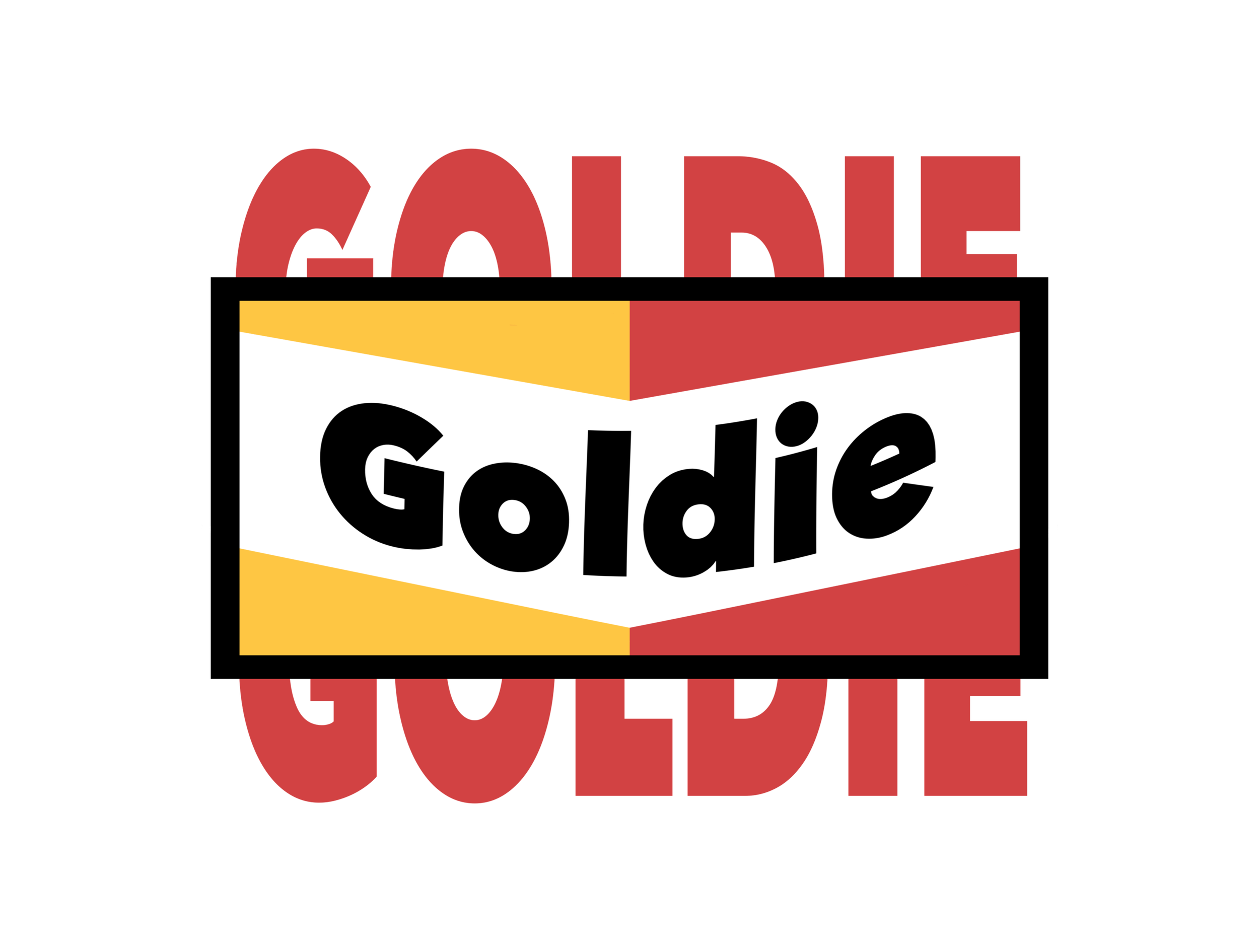 Goldie logo with a logo design that reads 'Goldie' in black text on a white background, surrounded by red and yellow geometric shapes, and an overlapping red word 'GORDIE' at the top and bottom.