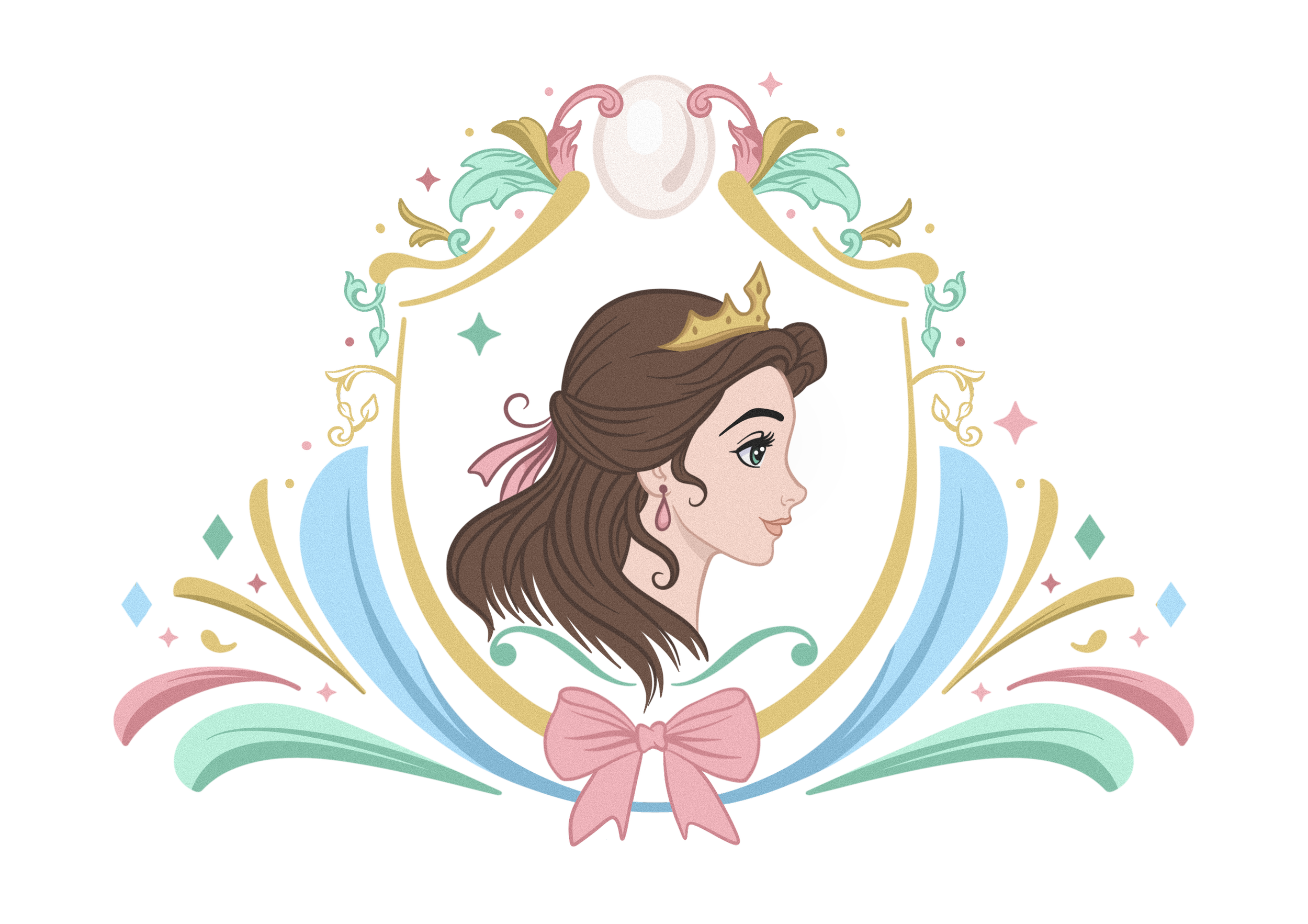 A cartoon princess with brown hair, wearing a crown, pink earrings, and a pink bow, is depicted within an ornate, colorful shield-like frame decorated with stars, ribbons, and swirls.