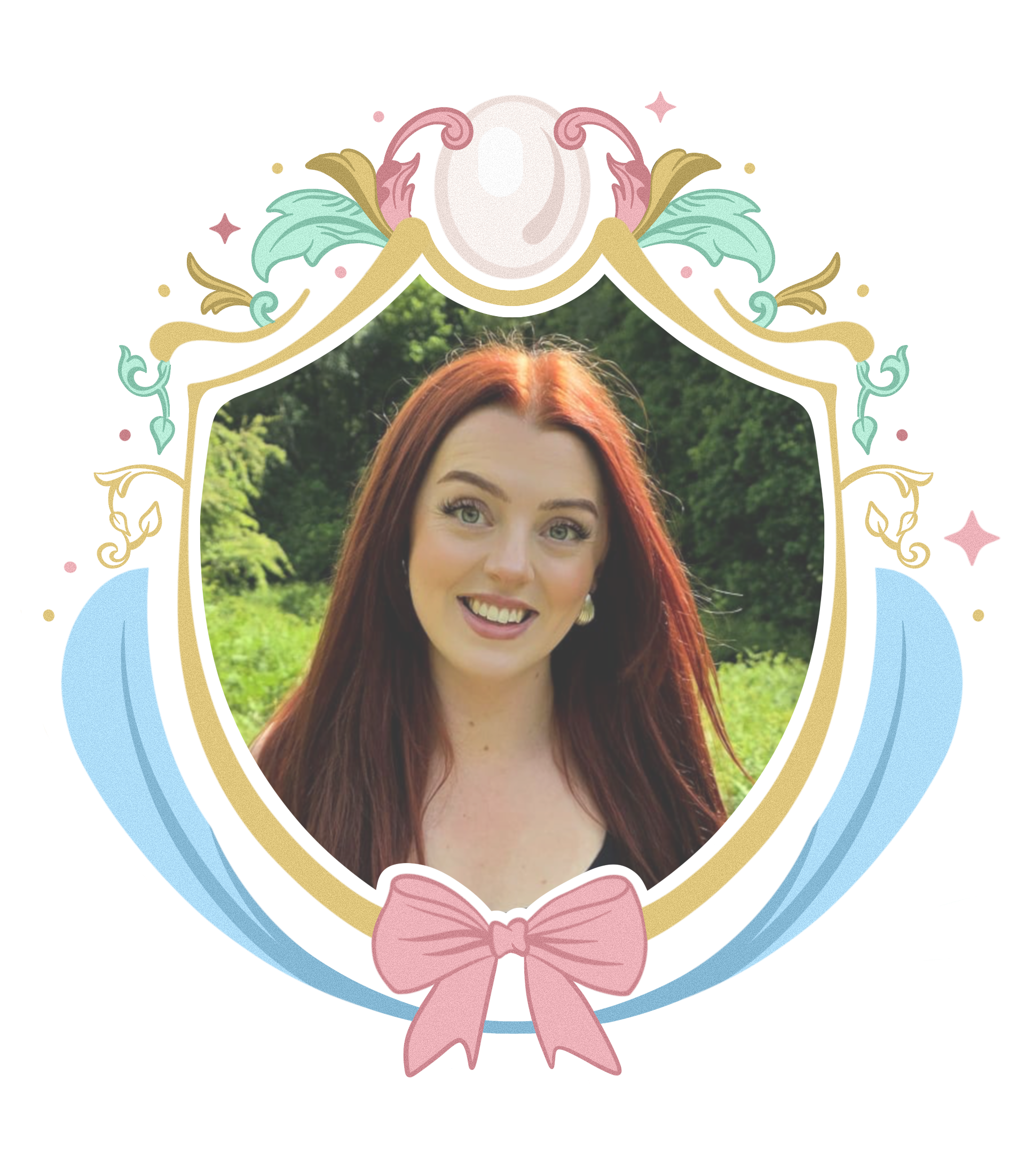 A woman with red hair and light makeup smiling outdoors in a lush green environment, framed by a decorative, ornate border with pastel colors and a pink bow at the bottom.
