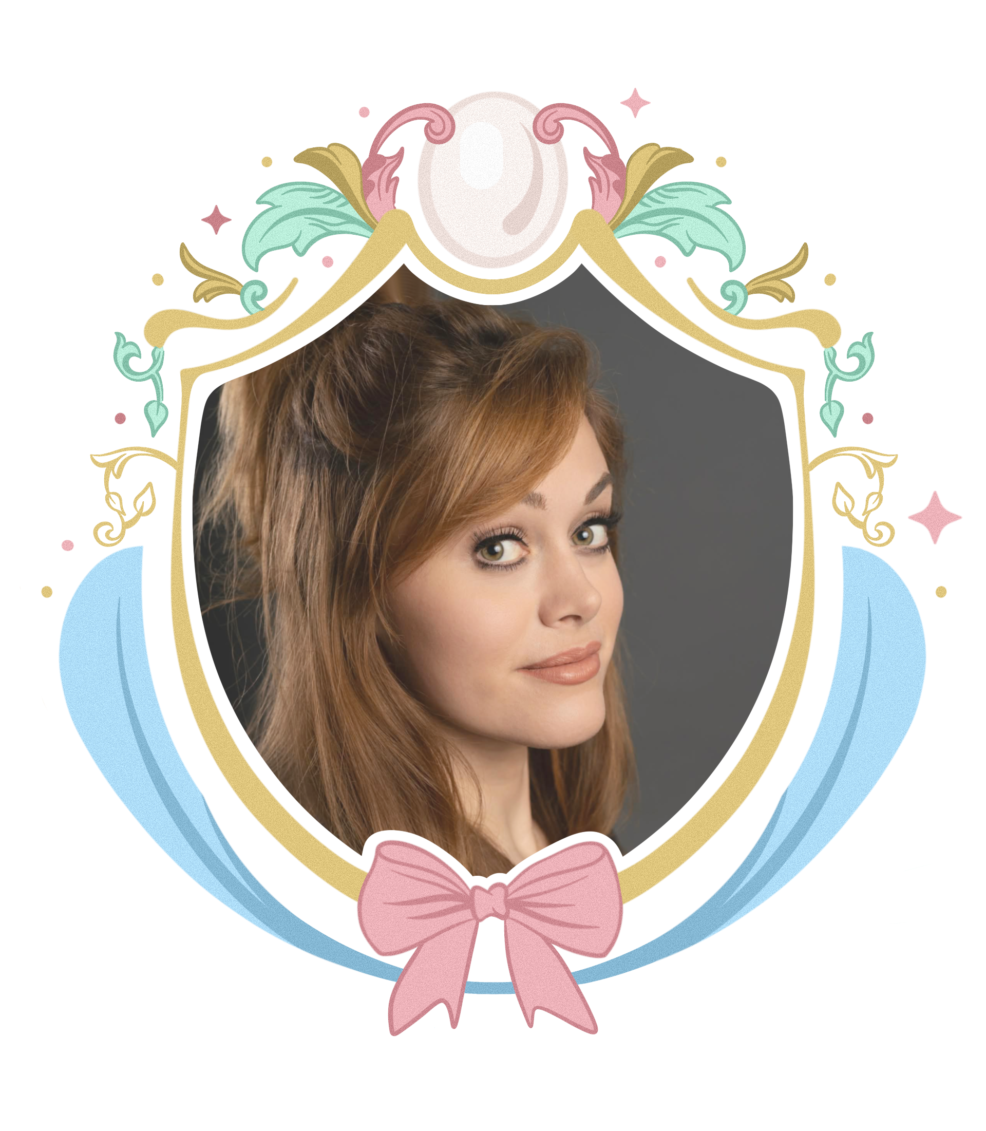 Portrait of a woman with reddish-brown hair and fair skin, looking at the camera with a slight smile, framed by a decorative badge with bows and ornate details.