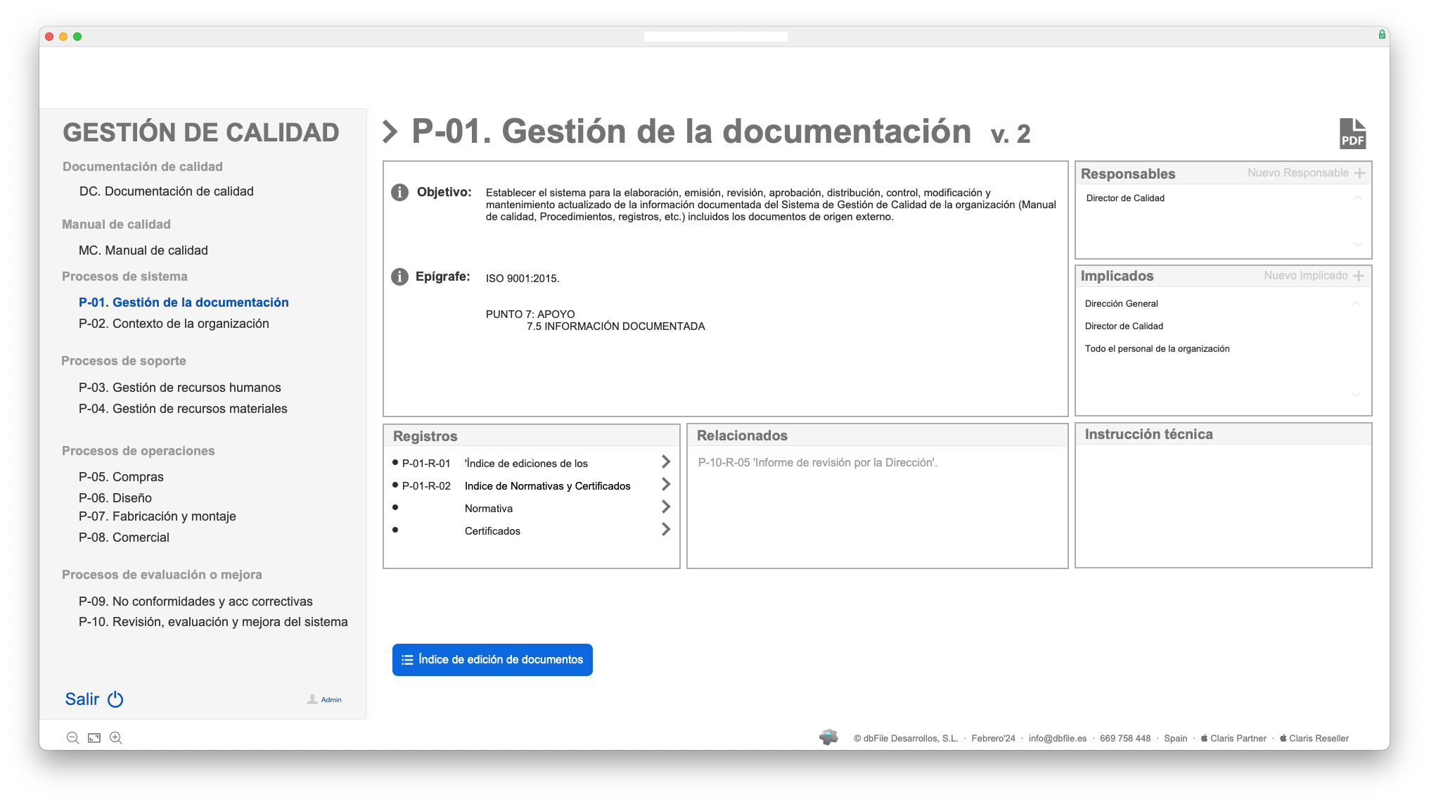 Pantalla de una plataforma digital de gestión de calidad con menú de procedimientos de documentación, resaltando la sección P-01 gestión de la documentación y un botón para consultar el índice de edición de documentos.