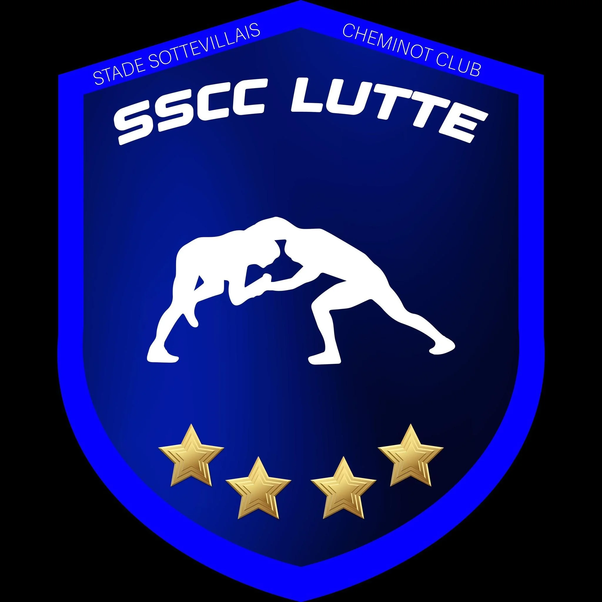 Un écusson bleu avec deux lutteurs en position de lutte. Le texte en haut indique « SSCC LUTTE », avec des autres textes en haut à gauche et à droite : « Stade Sottevillers » et « Cheminot Club ». En bas, il y a quatre étoiles dorées.