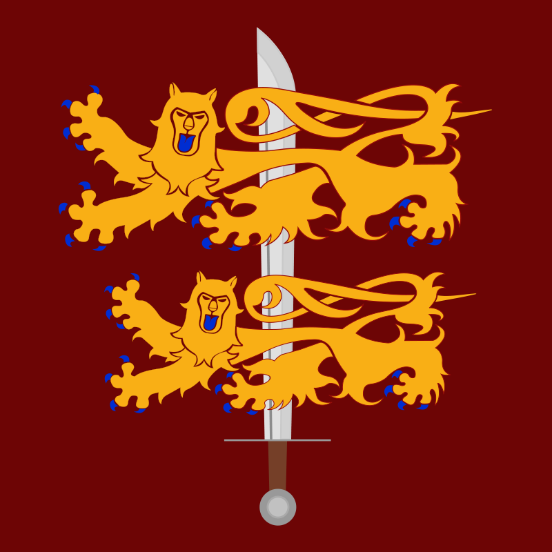 Drapeau avec deux lions dorés et une épée centrale, sur fond rouge. L'épée est verticale, avec une poignée en bas et une lame pointant vers le haut.