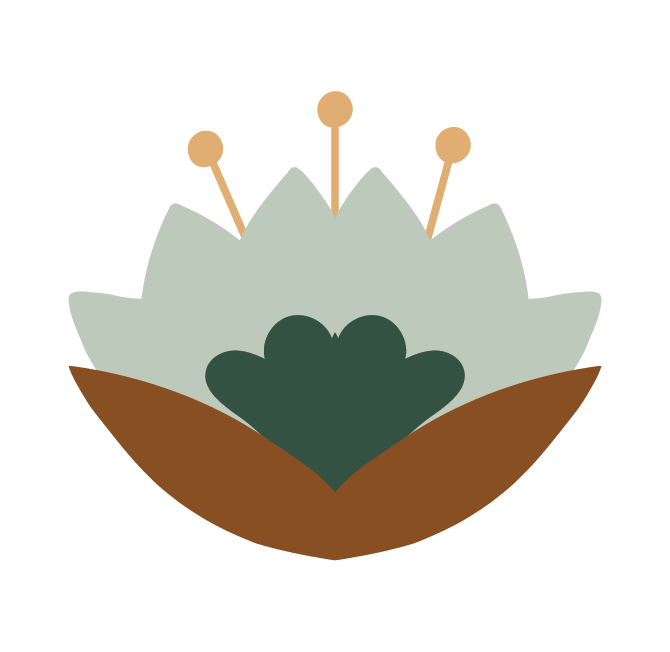 Stylized floral emblem with brown base, green heart-shaped center, light green petals, and three orange stalks with round tips.