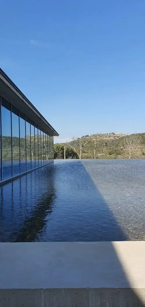 Un bassin à débordement extérieur, reflet du bâtiment en verre à gauche, avec un paysage vallonné et quelques arbres en arrière-plan sous un ciel bleu clair, Château Lacoste, Tadao Ando