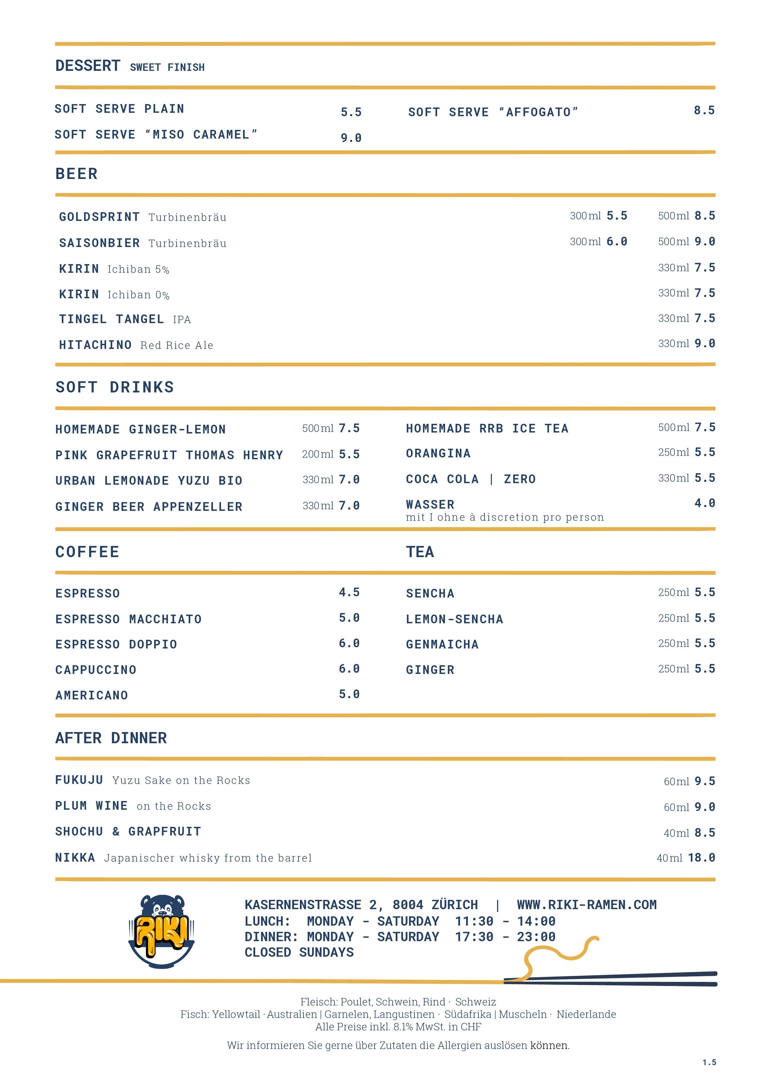 RIKI RAMEN BĀ dessert and drinks menu: soft serve plain, with miso caramel or as an affogato; beer, soft drinks, coffee, tea and after-dinner drinks, with prices in CHF.