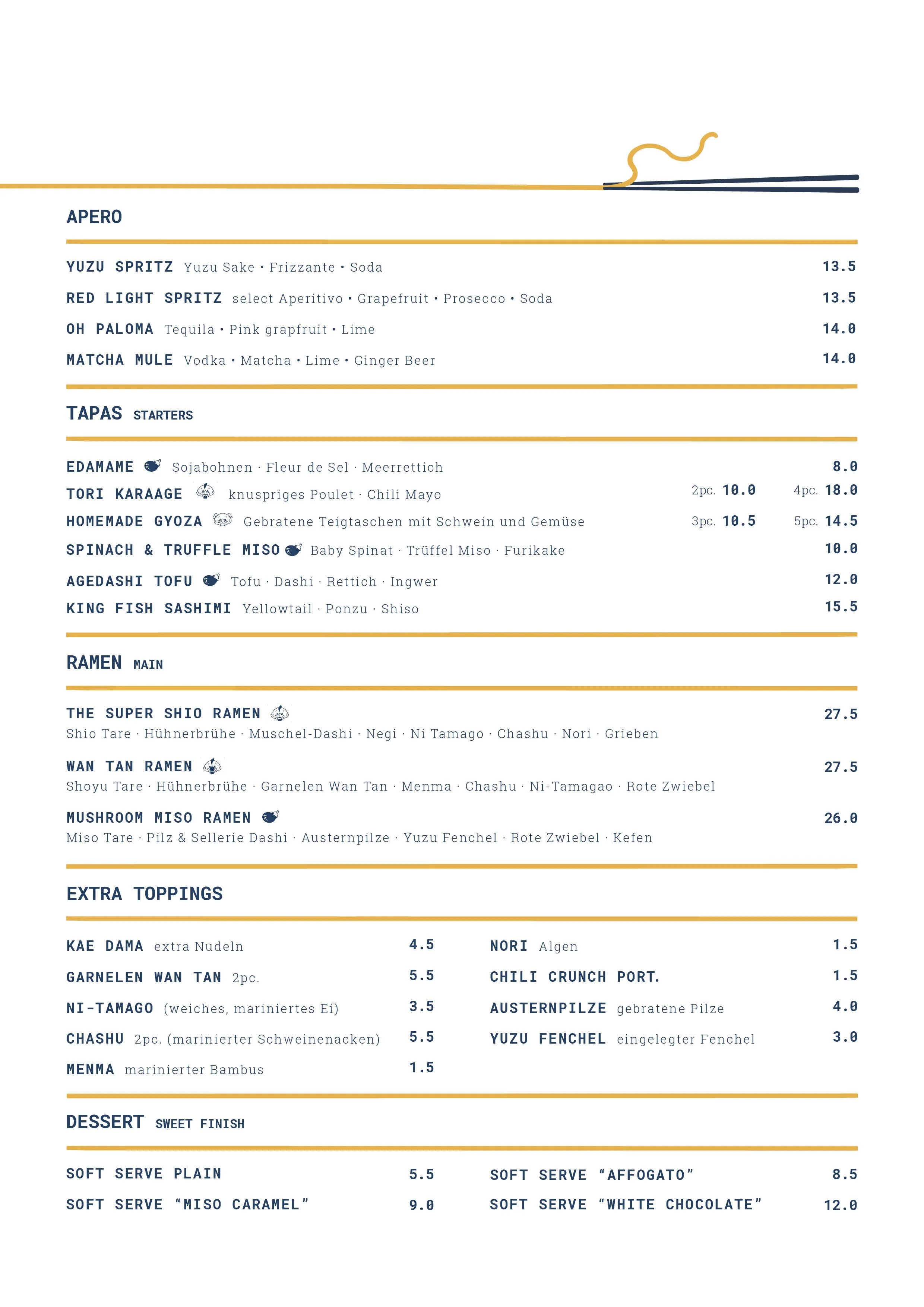 A menu featuring Japanese and Asian-inspired dishes including aperitifs, tapas, ramen, extra toppings, and desserts.