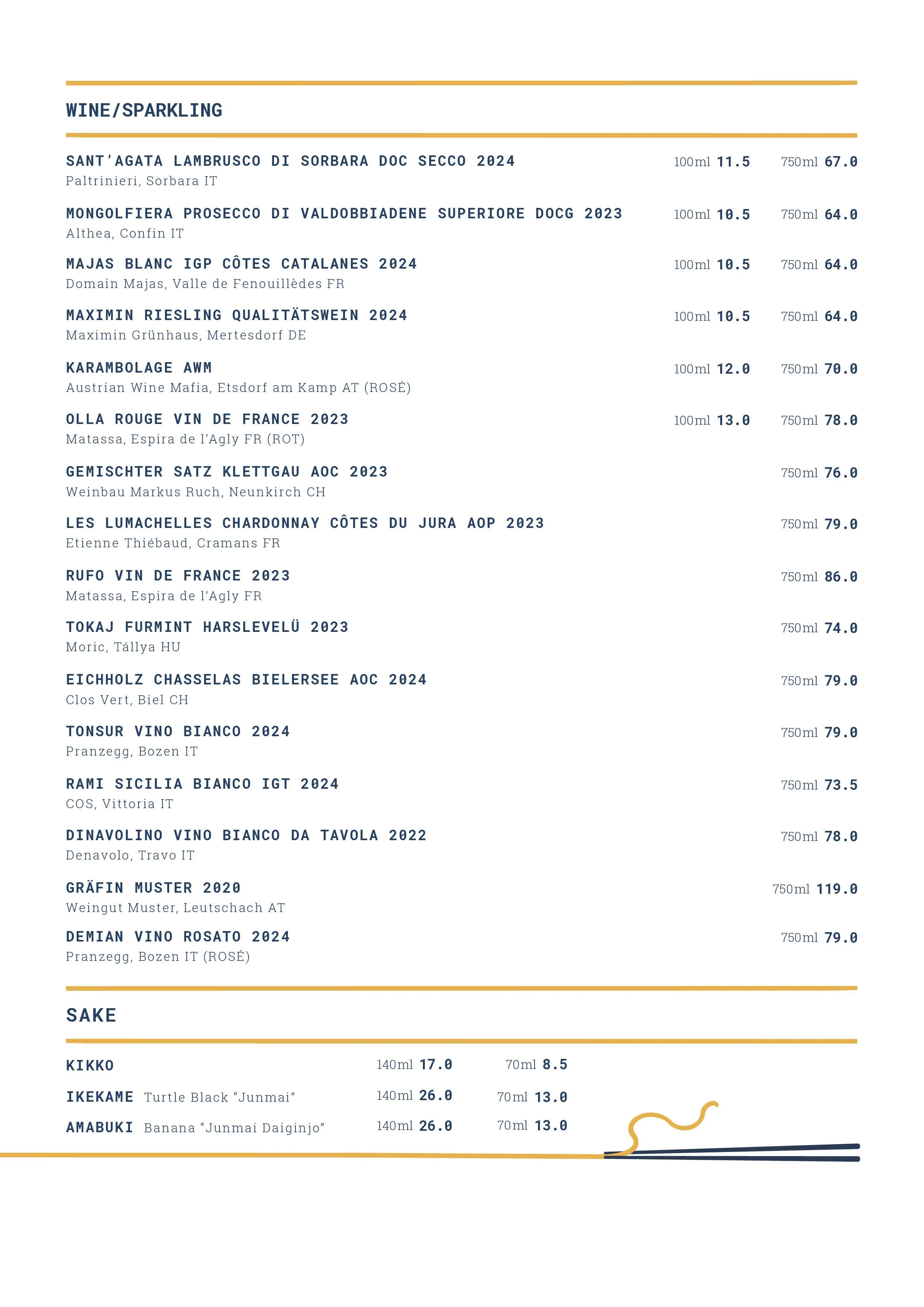 Wine and sake menu listing various wine bottles, prices, and types, along with sake options and prices, separated by gold lines.