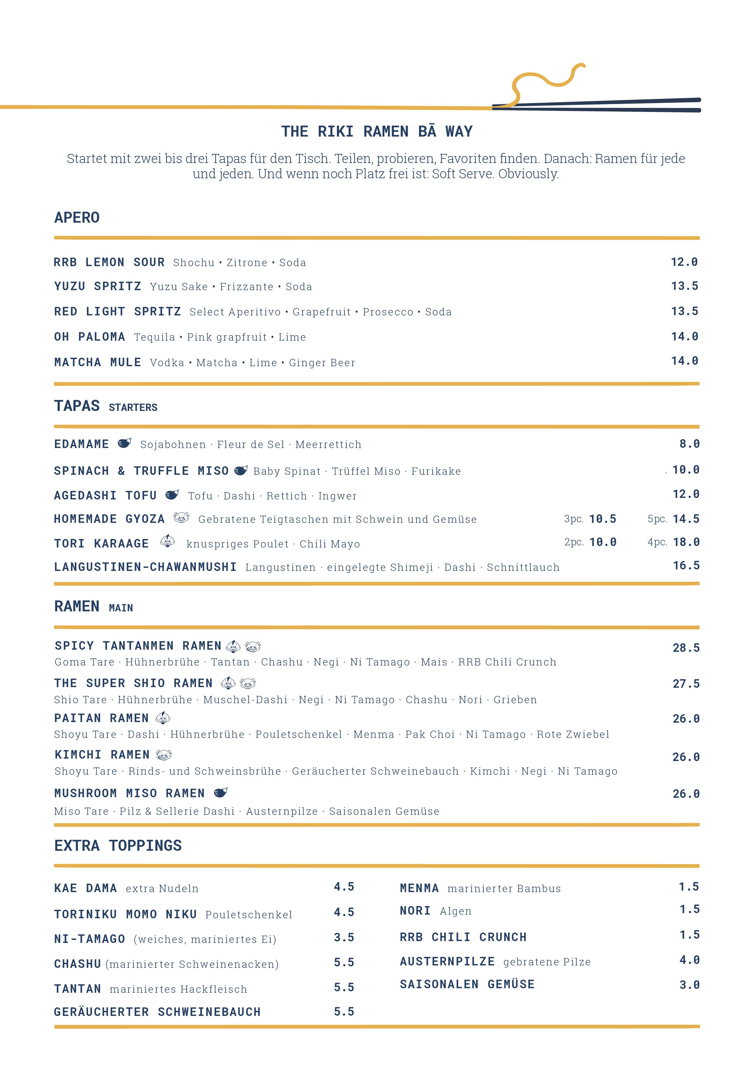RIKI RAMEN BĀ food menu: Japanese tapas including gyoza, karaage and agedashi tofu; ramen bowls including Spicy Tantanmen, Paitan, Mushroom Miso, Kimchi and The Super Shio; extra toppings and prices in CHF.
