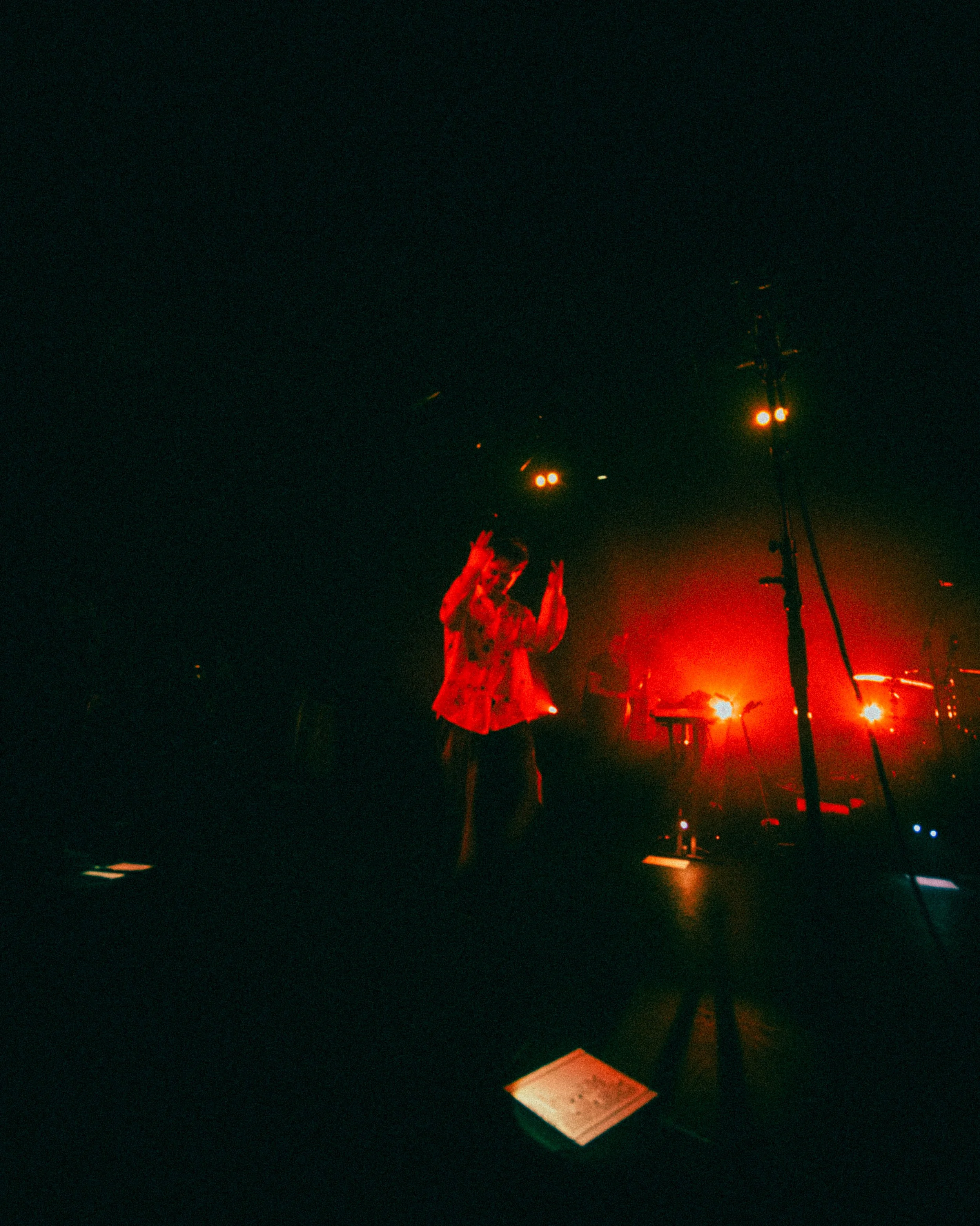 A performer on a dimly lit stage illuminated by red lights, with someone clapping or raising their hands, and equipment like microphones and stage lights visible in the background.