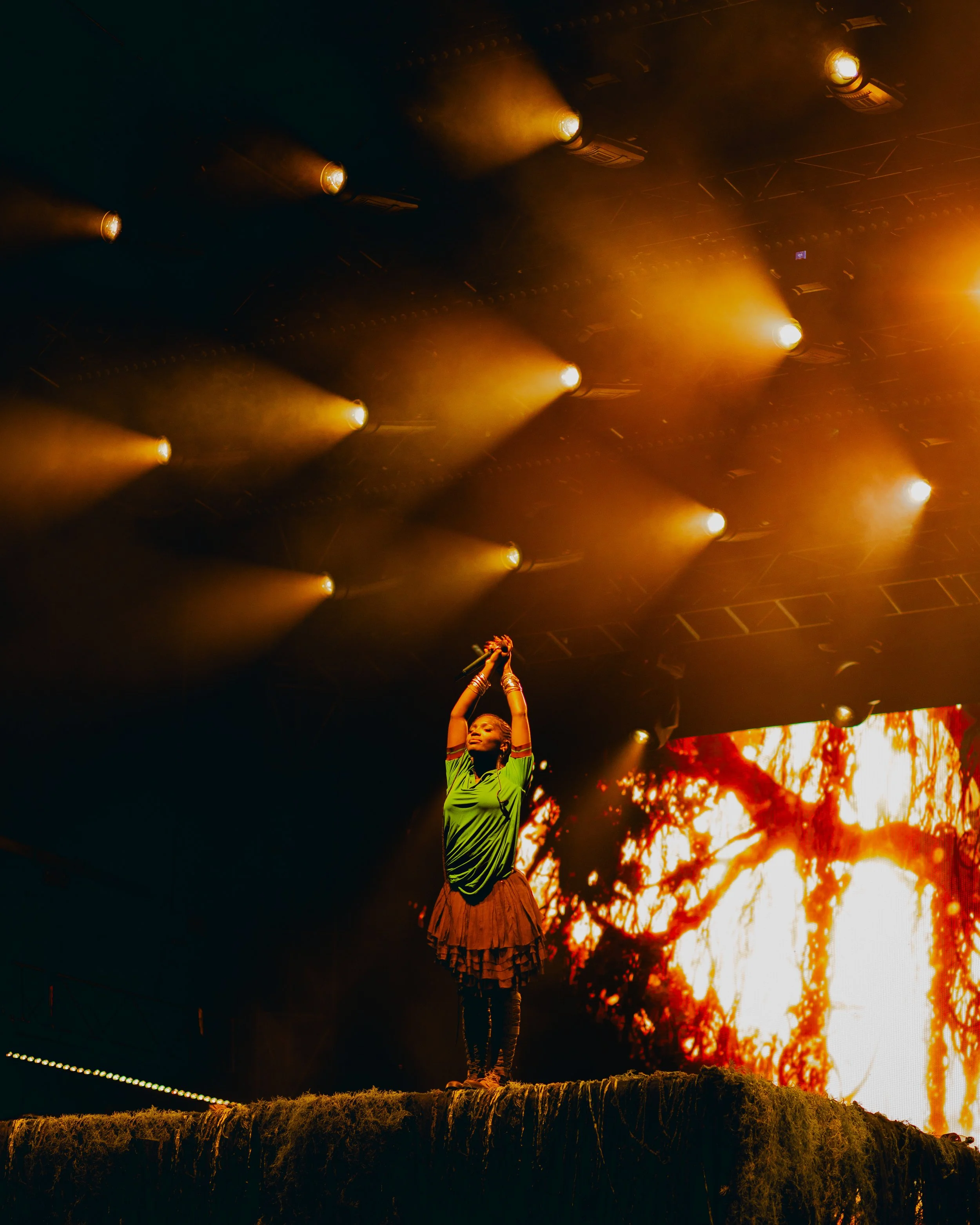 Person standing on stage with arms raised, holding a microphone, in front of bright orange lighting and a digital screen displaying an fiery tree image.