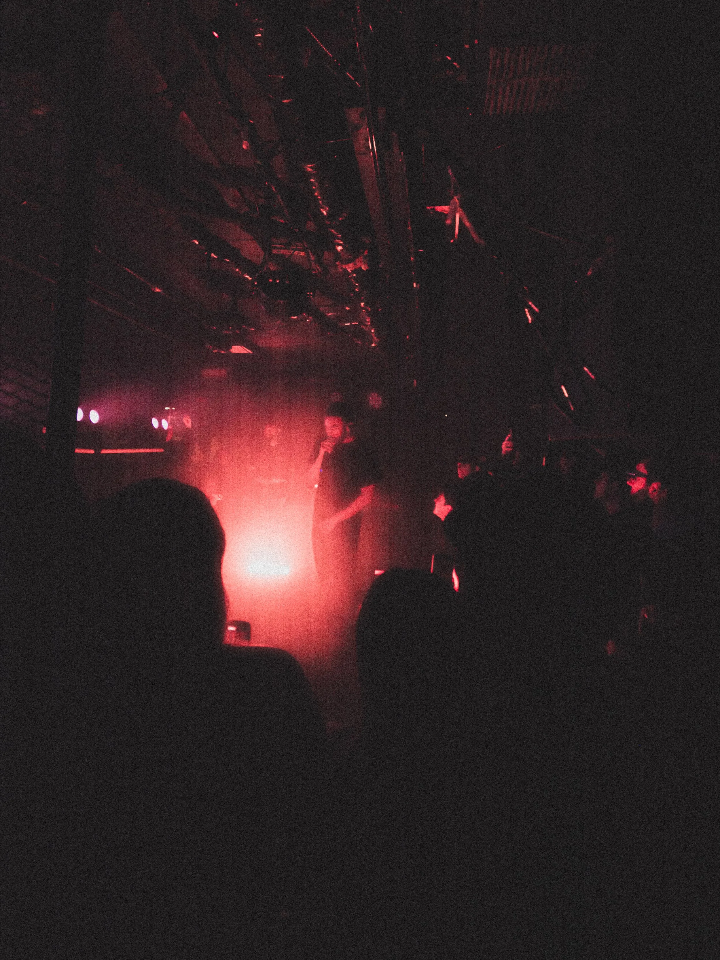 Dark concert scene with silhouettes of audience members, a performer on stage, and red stage lighting.
