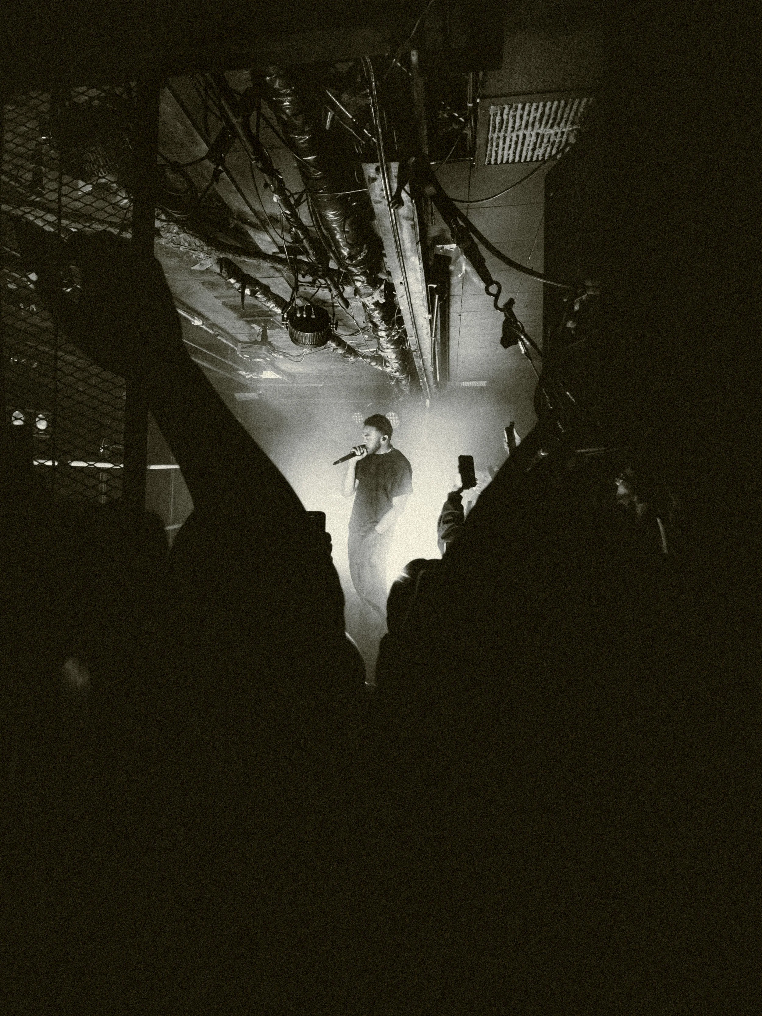 A singer performs on stage with a microphone in hand, surrounded by smoke or fog, with audience members visible in the foreground holding their phones.