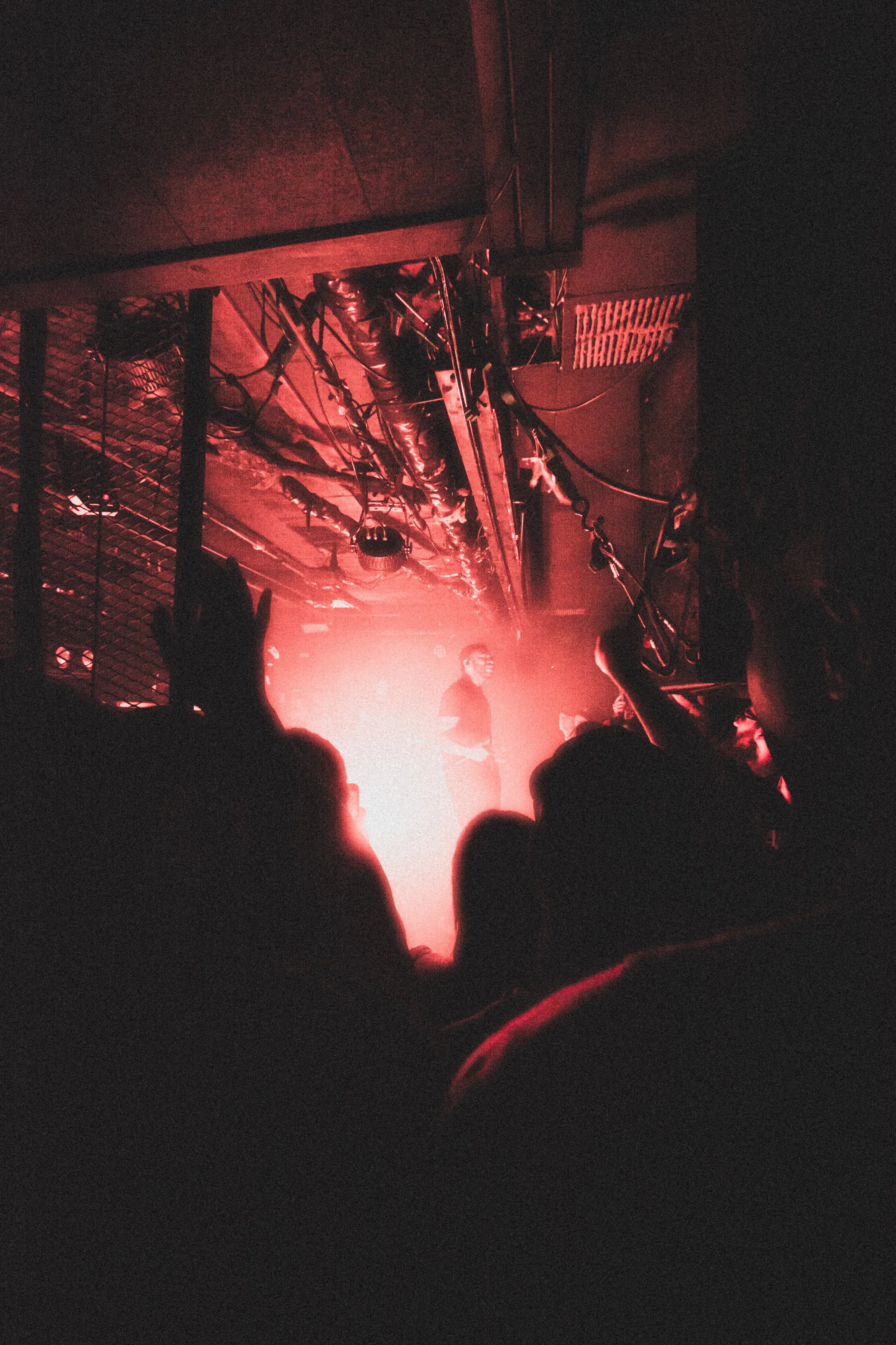 A crowded concert with people raising their hands, stage lights shining with pinkish-red hue, silhouettes of audience members, and a performer on stage in the distance.