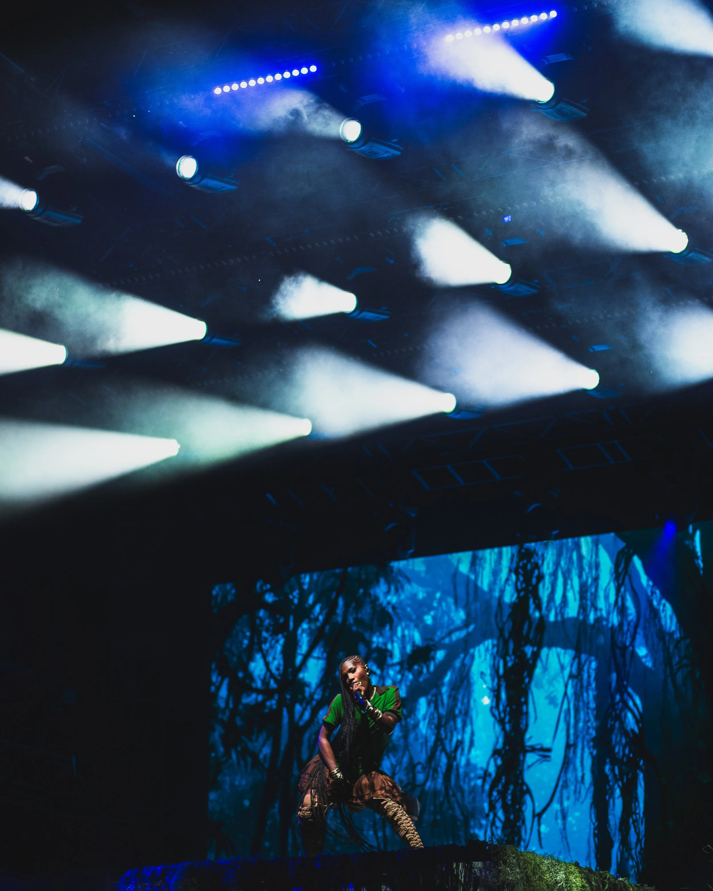 Performer singing on stage with blue forest-themed backdrop, illuminated by bright stage lights overhead.