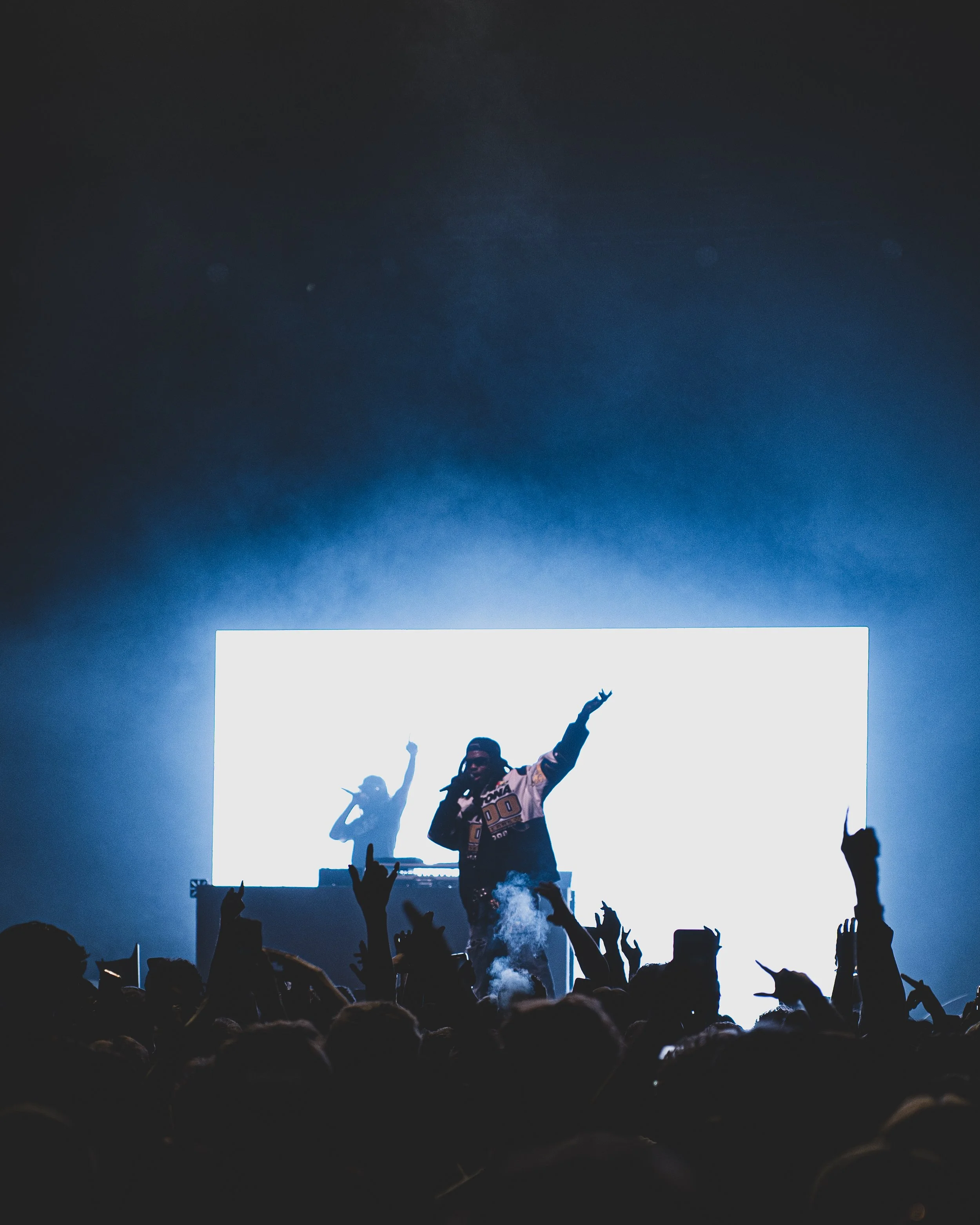 A concert scene with two performers on stage, one holding a microphone and the other DJing, at a large indoor venue with audience members raising their hands.
