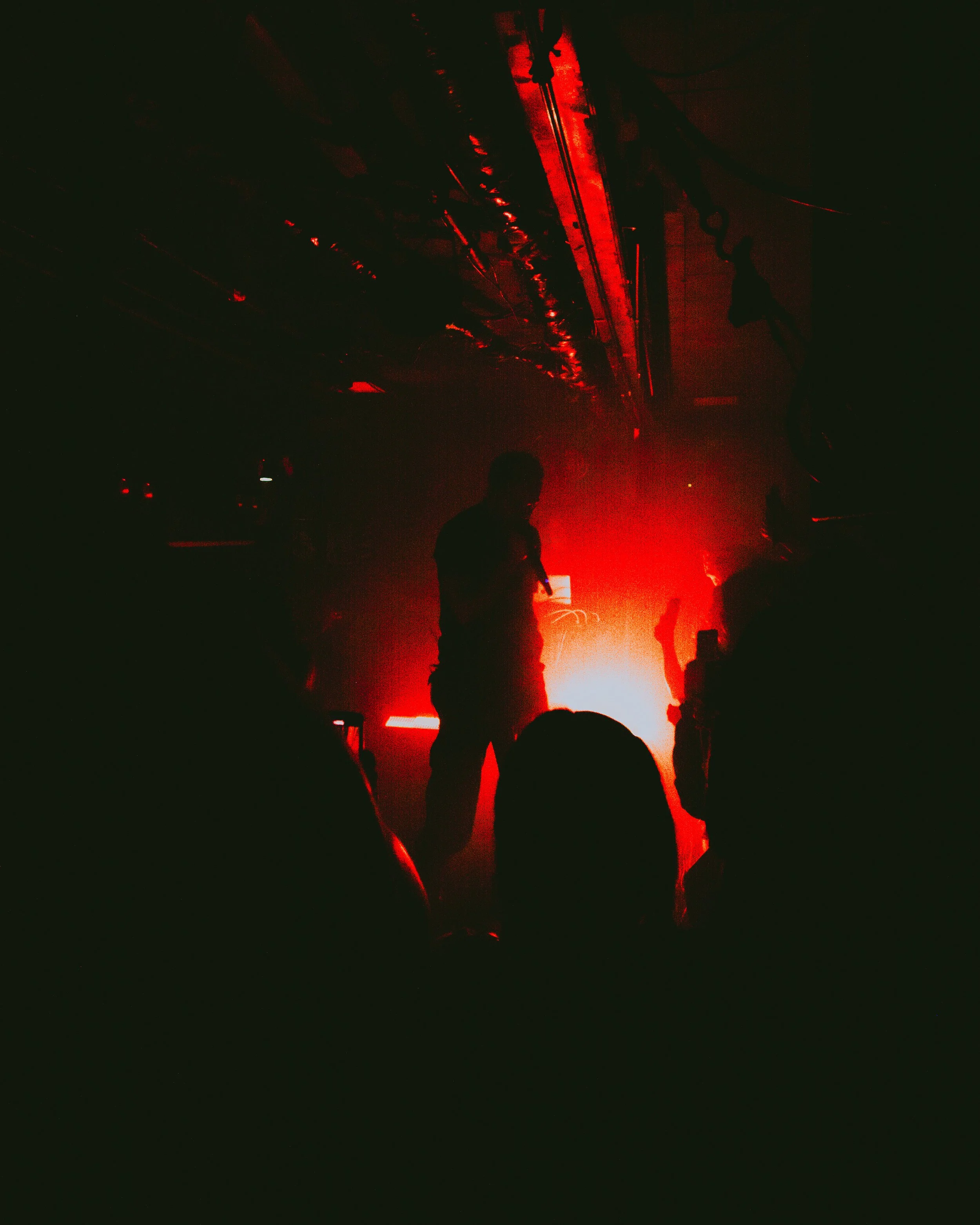 Silhouettes of people at a concert with red stage lighting and smoke effects.