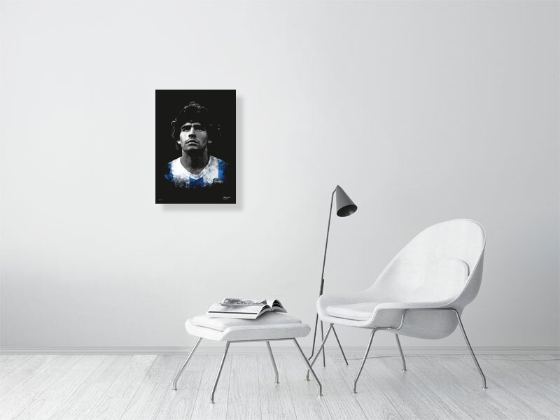 Modern football wall art decor featuring Diego Maradona displayed in a living room.