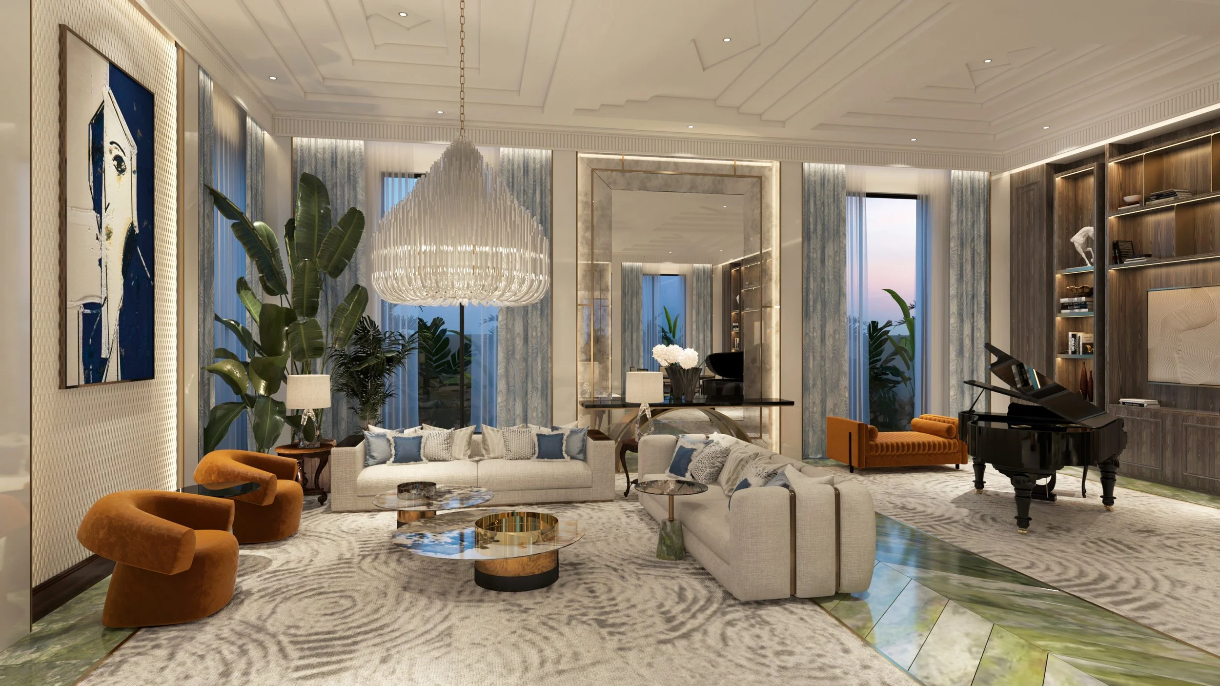 Jade Floor and Chandelier