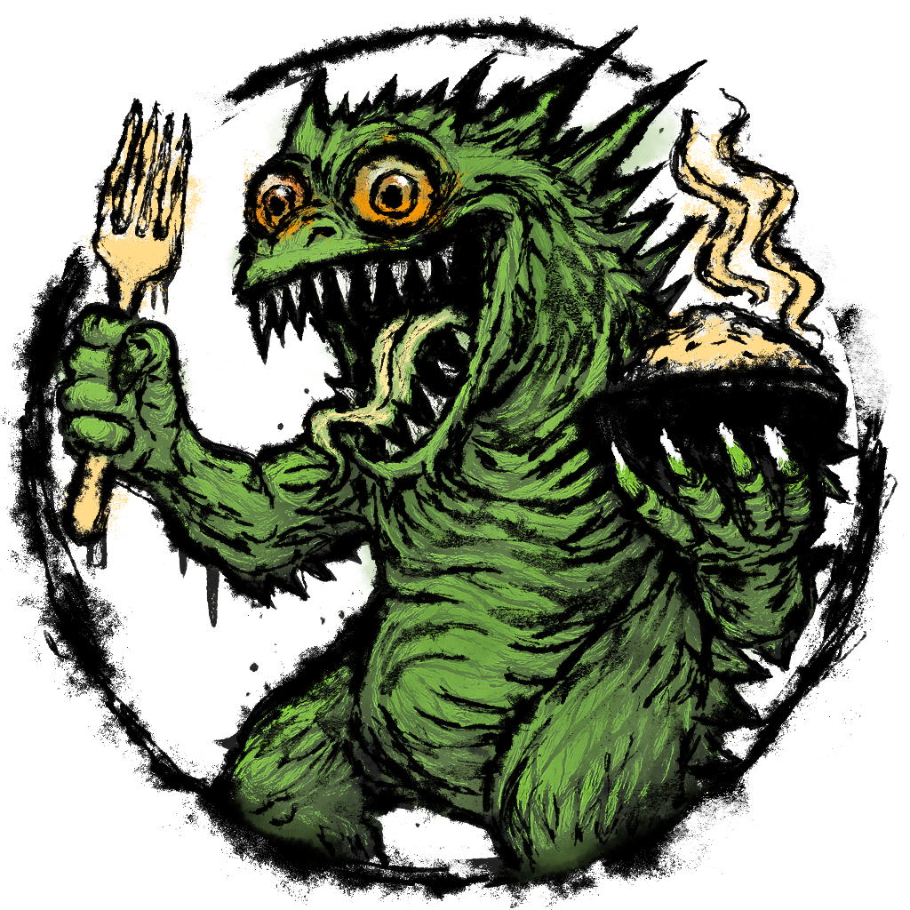 Drawing of a green monster with spikes, sharp teeth, and large yellow eyes, holding a fork in one hand and a steaming napkin in the other.