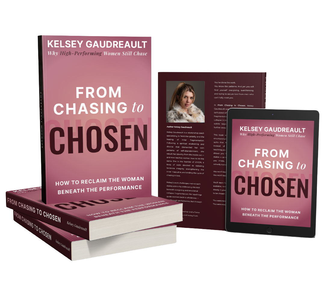 Books and a tablet displaying the cover of a book titled "From Chasing to Chosen" by Kelsey Gaudreault with the subtitle "How to reclaim the woman beneath the performance." The cover has a pink and purple gradient background, and inside views show a woman and a page of the book.