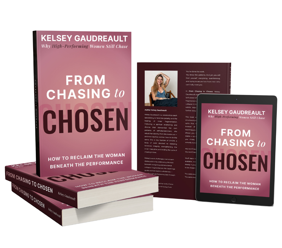 Book cover titled 'From Chasing to Chosen' by Kelsey Gaudreault, with pink background, featuring an open book, a tablet displaying the same cover, and an interior book page with a photo of the author.