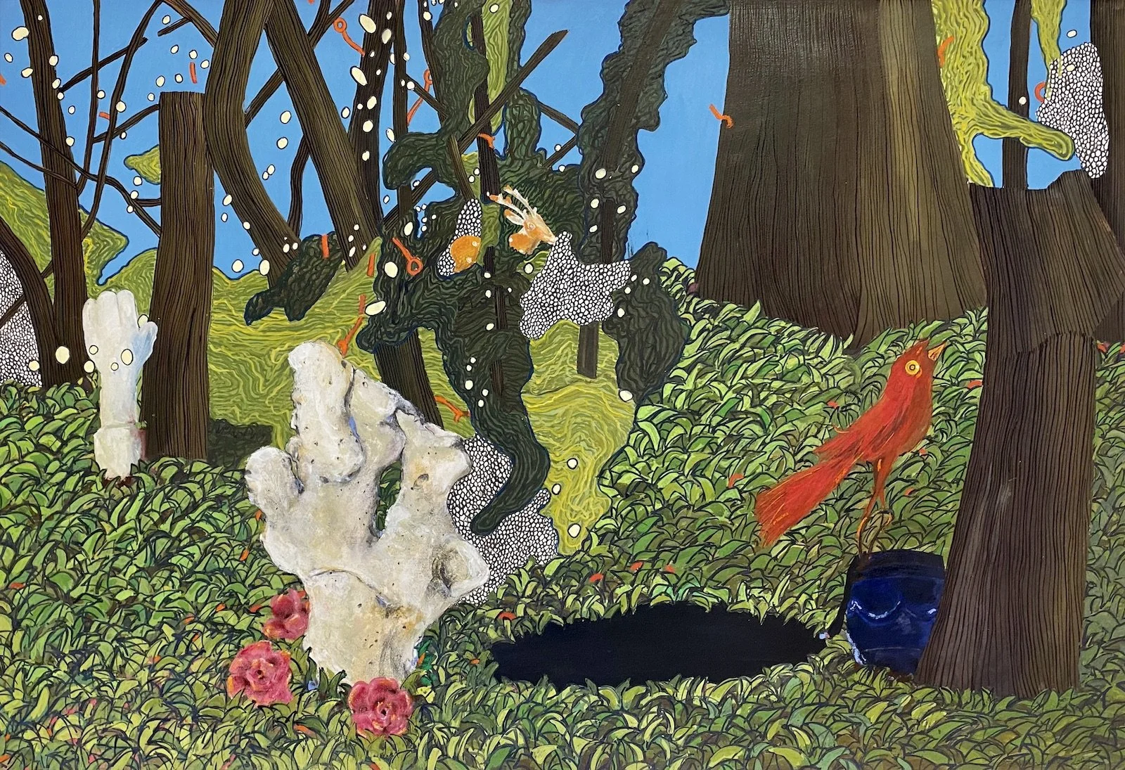 The Canary in the Coal Mine, 2021, Gouache, oil pastel and ink on paper, 99 x 66.5cm