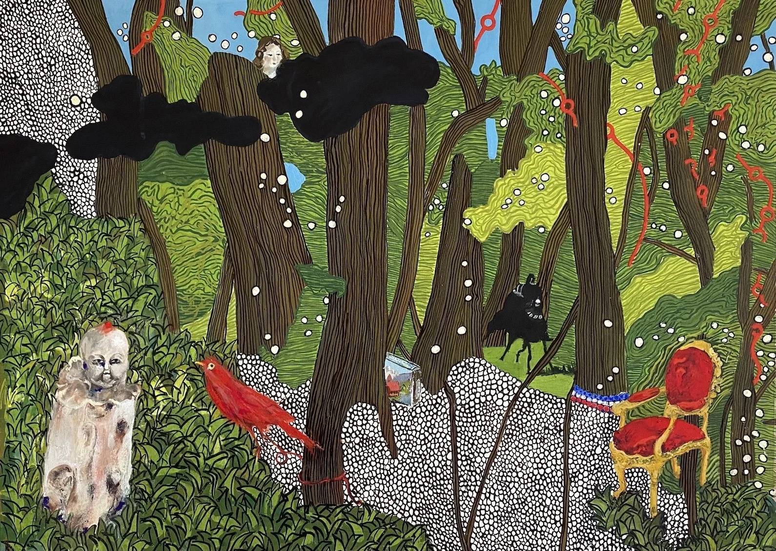 The Clouds Begin to Gather as the Knight Comes Riding By, 2021, Gouache, oil pastel and ink on paper, 99 x 66.5cm