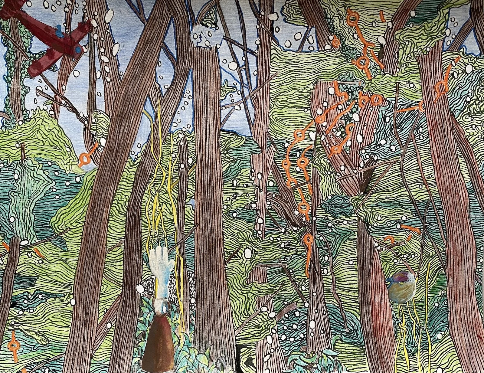 Dancing on the Border IV, 2020, Coloured pencil, ink and pastel, 36 x 27 cm.  Private Collection