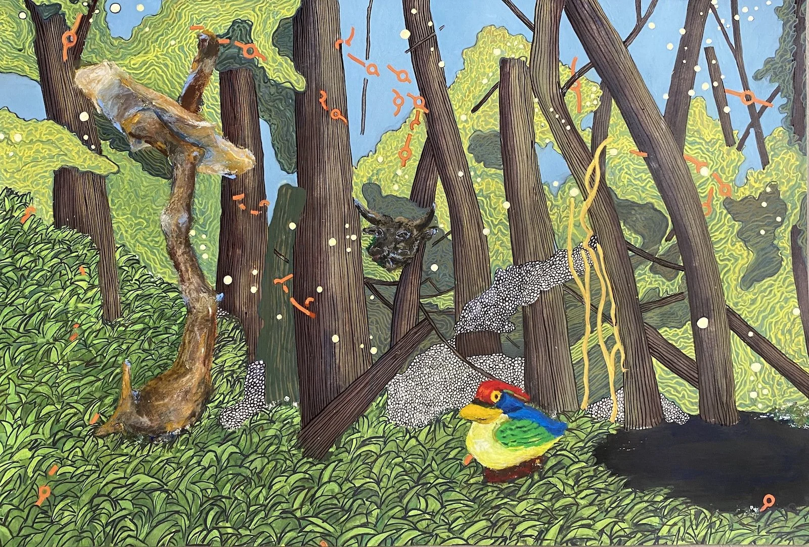 Beneath the Trees Where Nobody Sees, 2021, Gouache, oil pastel and ink on paper, 99 x 66.5cm