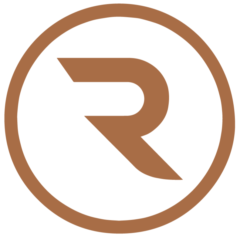 A circular logo with a stylized letter R inside, in brown color on a black background.