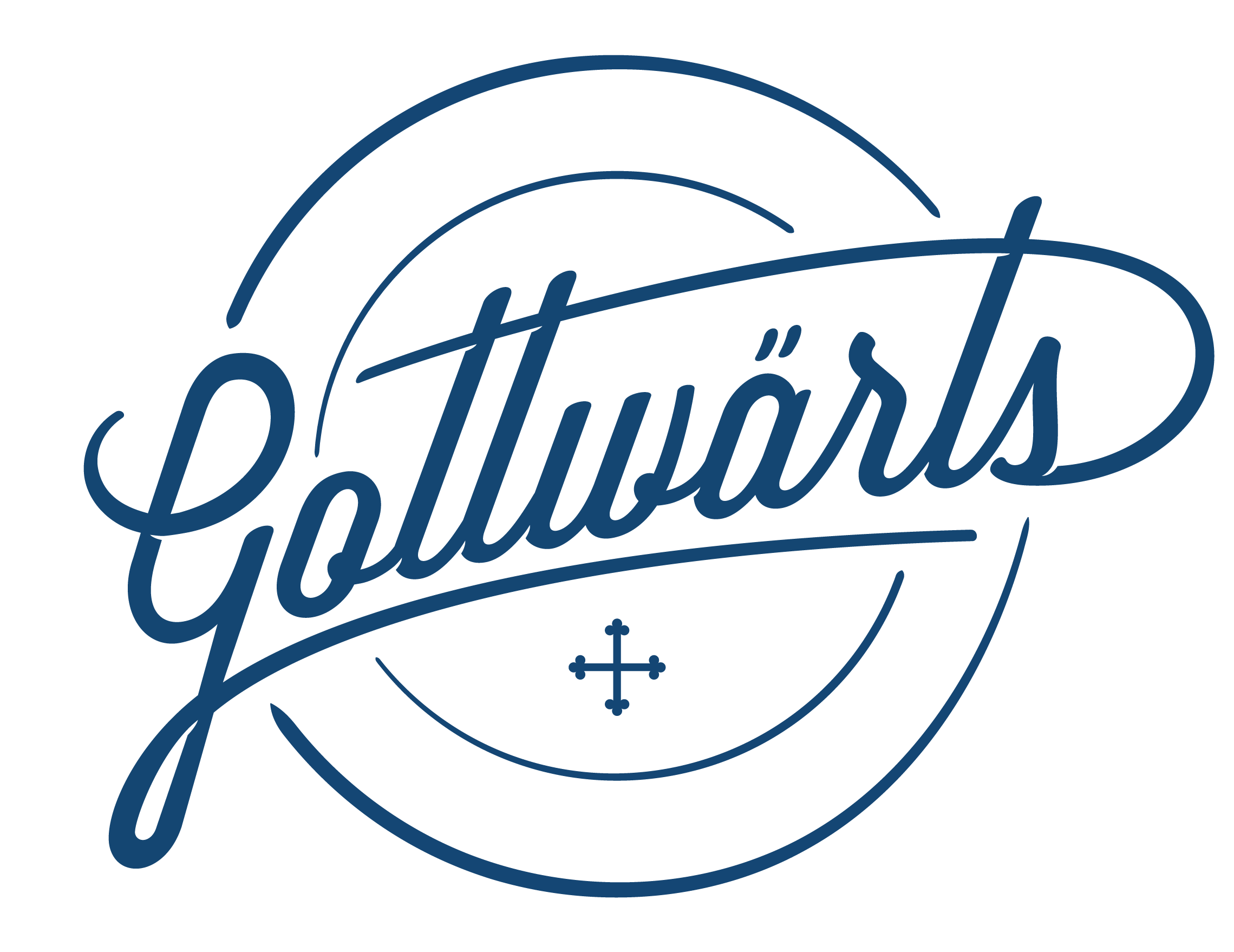 Dunkle Schriftzug 'Gottwärt' mit geometrischen Linien und Kreuzsymbol in blauer Farbe auf schwarzem Hintergrund.