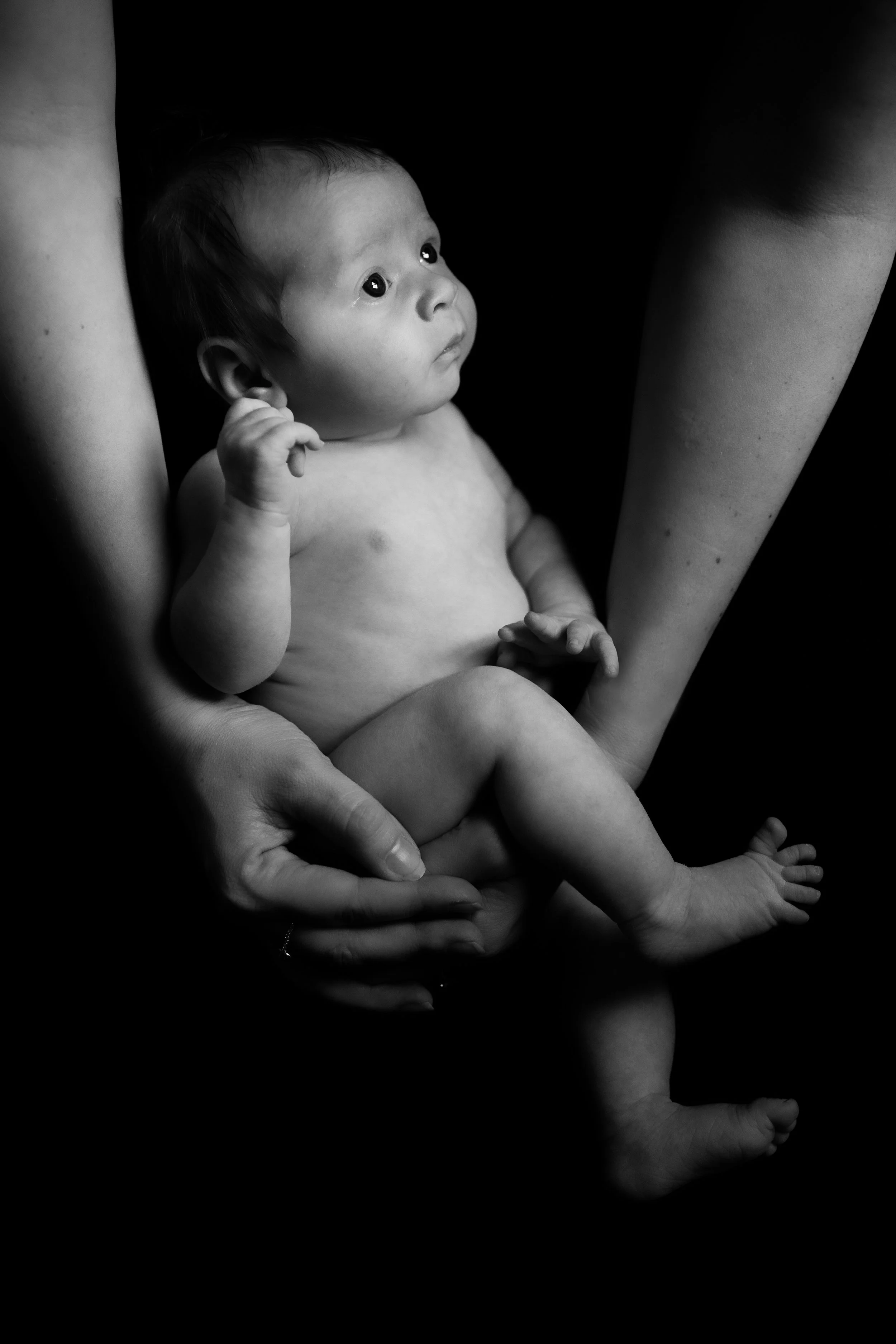 Black and white photo of a baby being held by two adults' hands, looking upward with a curious expression.
