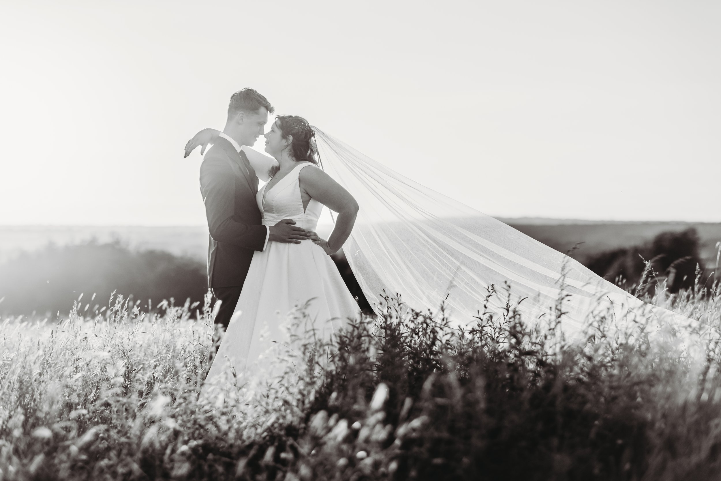 Black and white photo of a bride and groom embracing outdoors, with the bride wearing a wedding dress and veil, and the groom in a suit, standing in a field with a scenic landscape in the background.
