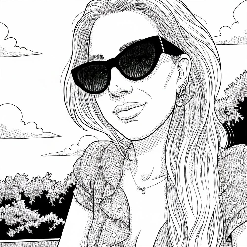 Ritratto in stile fumetto di una donna con occhiali neri, capelli lunghi e mossi, con una scena di natura sullo sfondo.