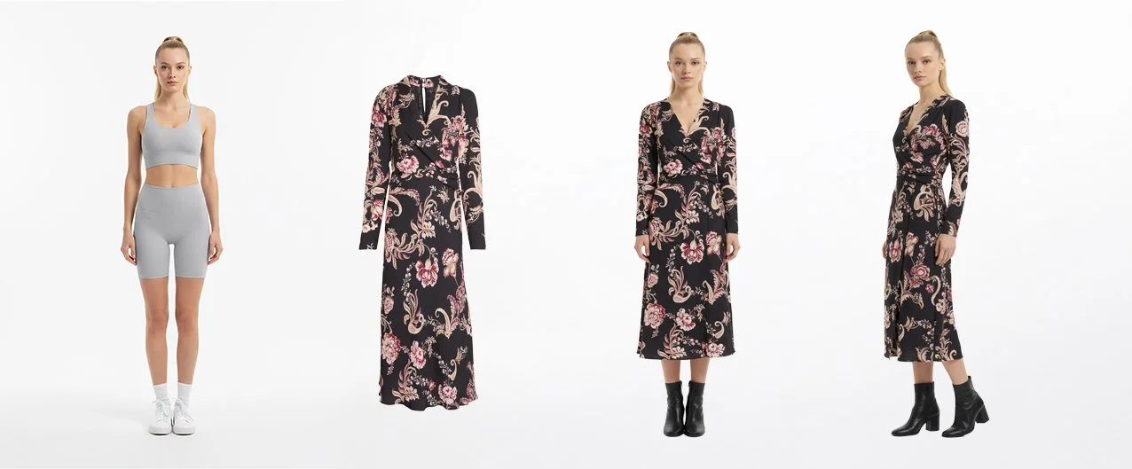 Prima di una donna vestita con abbigliamento sportivo grigio, poi un abito lungo nero con motivo floreale rosa e beige, davanti e di lato, con stivali neri.